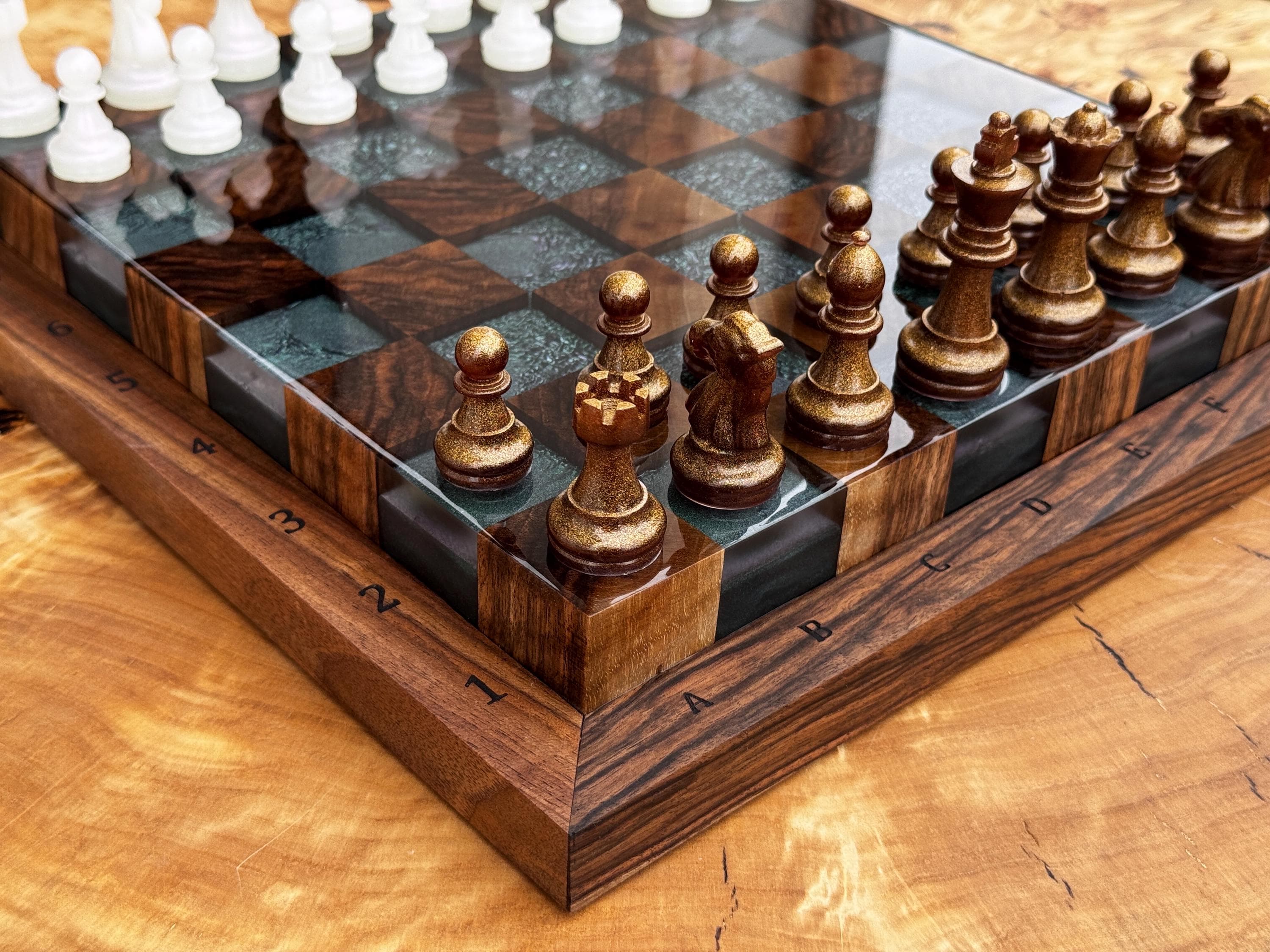 Handmade Walnut & Iridescent Resin Chess Set “Arctic Glow” , Luxury Wooden Chess Board with Pieces