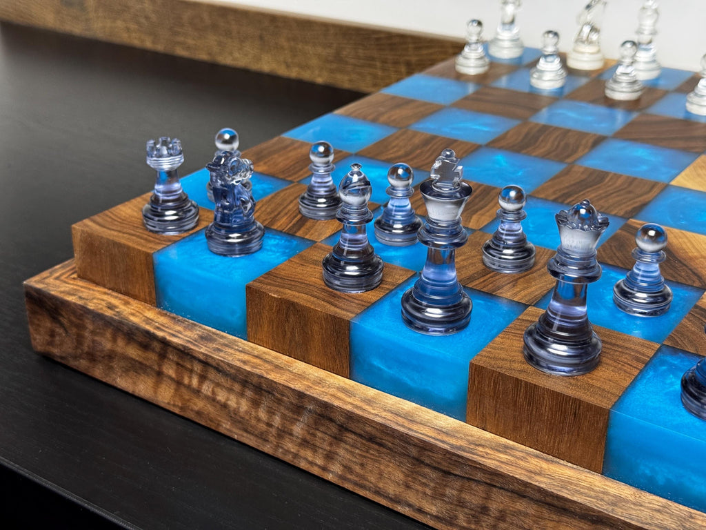 Handmade Large illuminated Chess set, epoxy resin chess,unique chess, custom chess board, resin chess board, chess gifts, chess board modern