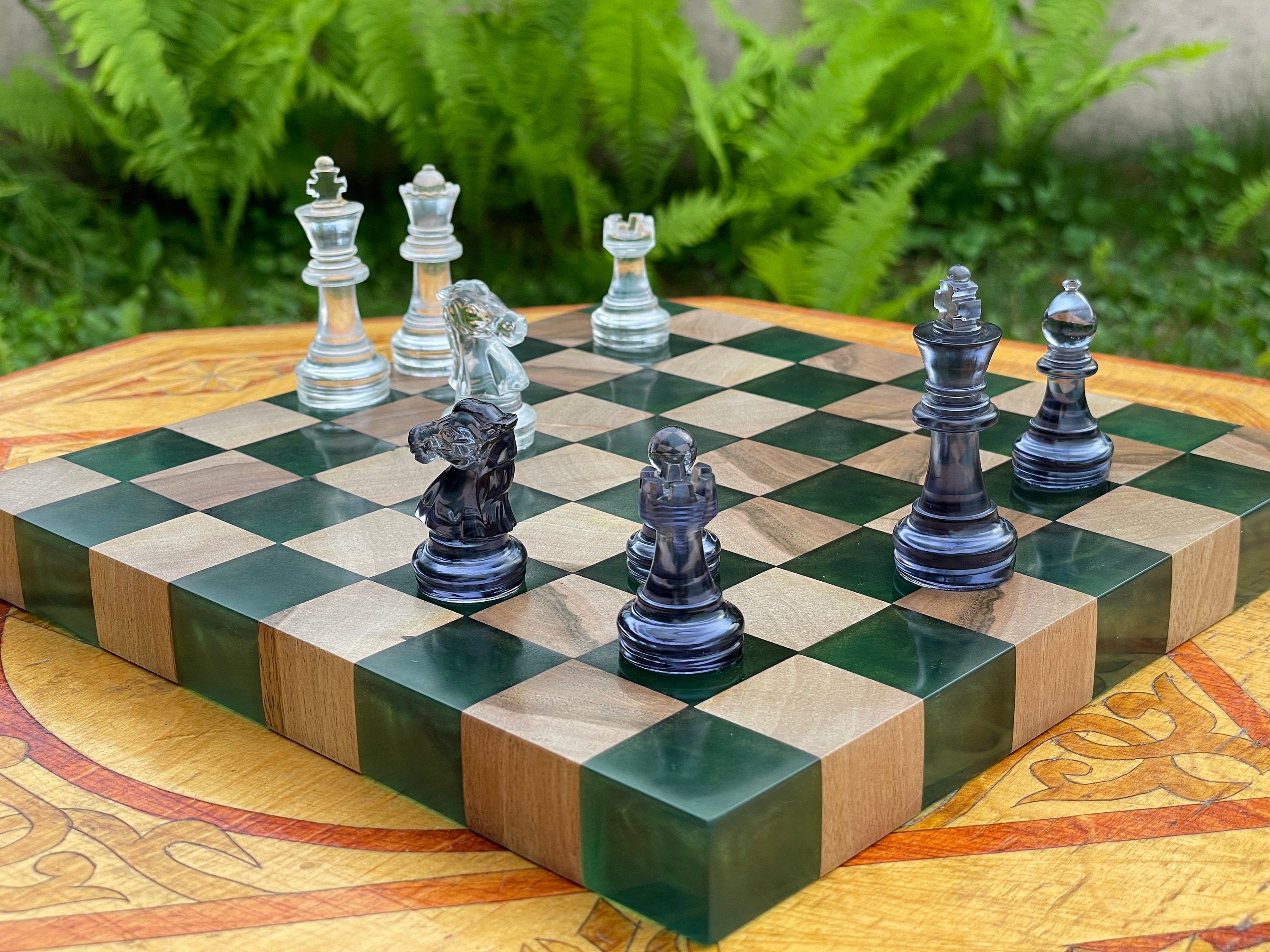 Epoxy chess board, handmade chess board resin, unique resin chess board, chess set resin, epoxy chess set, blue chess set