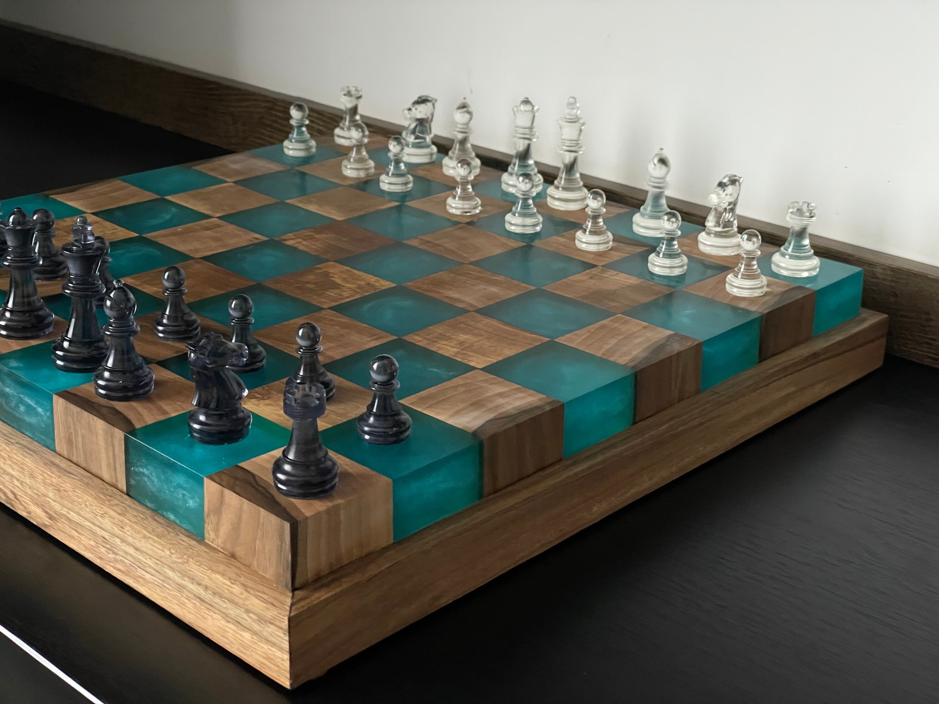 Handmade Large illuminated Chess set, epoxy resin chess,unique chess, custom chess board, resin chess board, chess gifts, chess board modern
