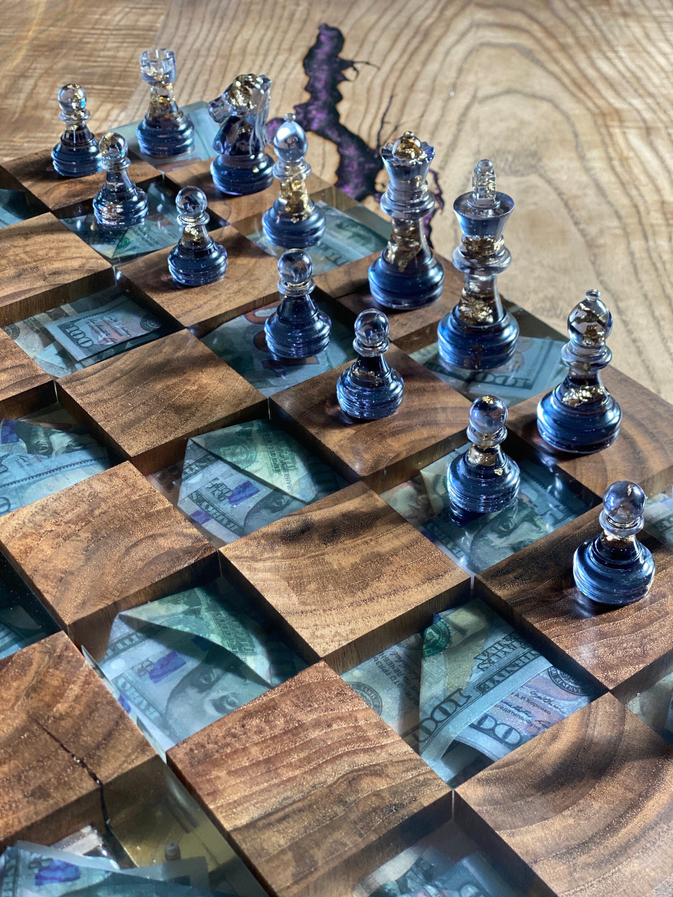 Folding chess board, custom chessboard, handcrafted chessboard, resin and wood chess set, personalized chessboard