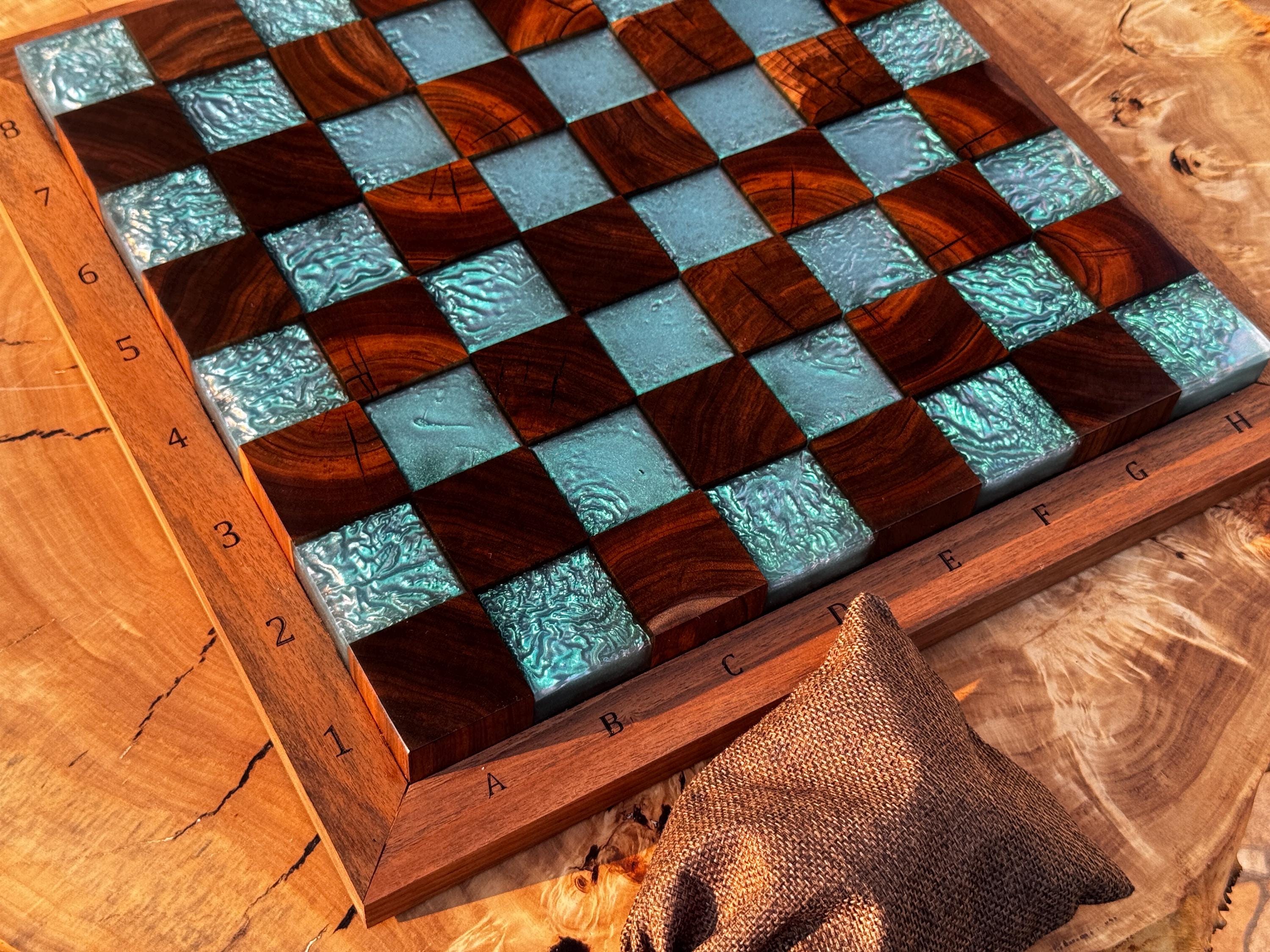 Handmade Walnut & Iridescent Resin Chess Set “Arctic Glow” , Luxury Wooden Chess Board with Pieces
