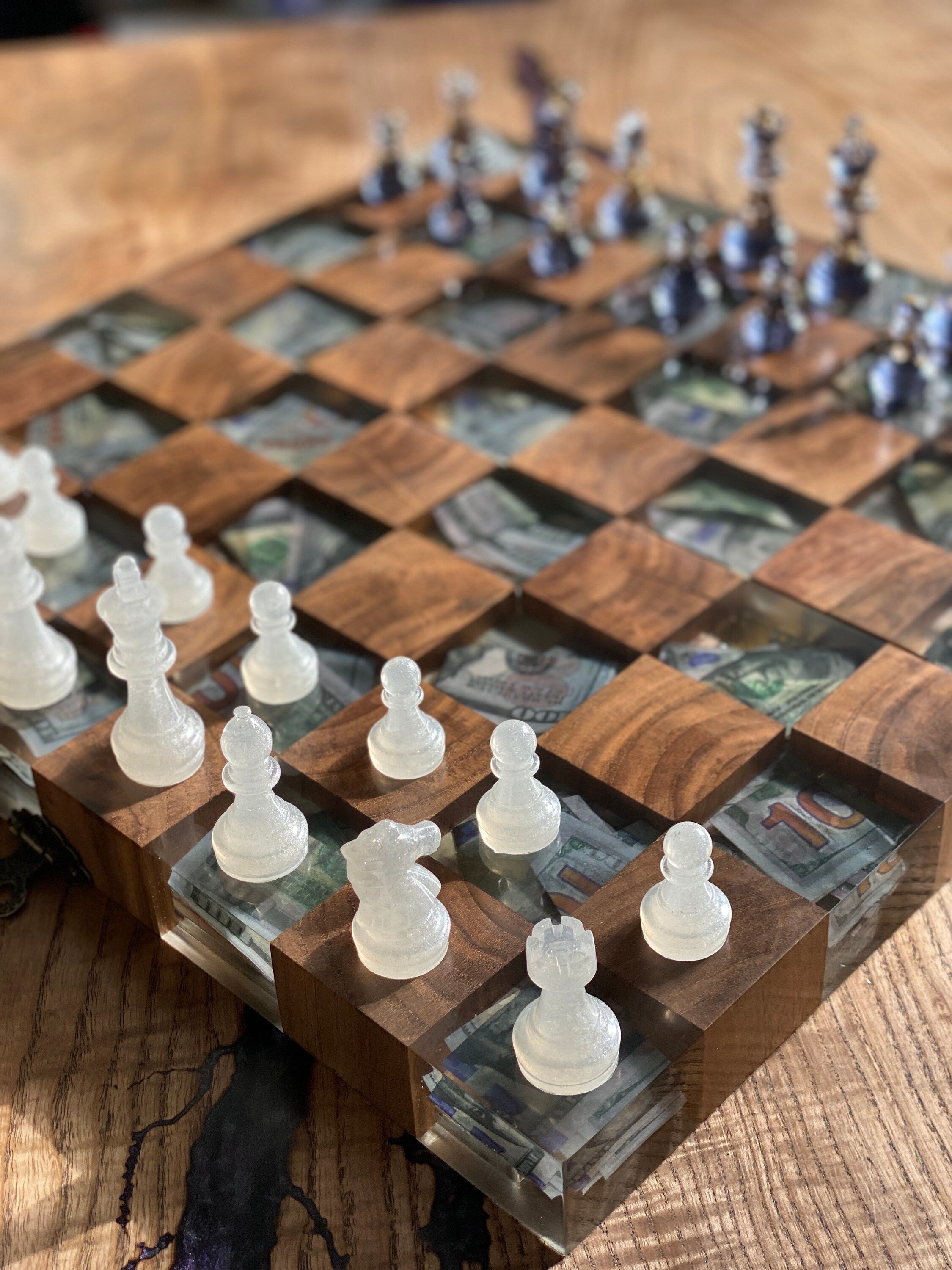 Folding chess board, custom chessboard, handcrafted chessboard, resin and wood chess set, personalized chessboard
