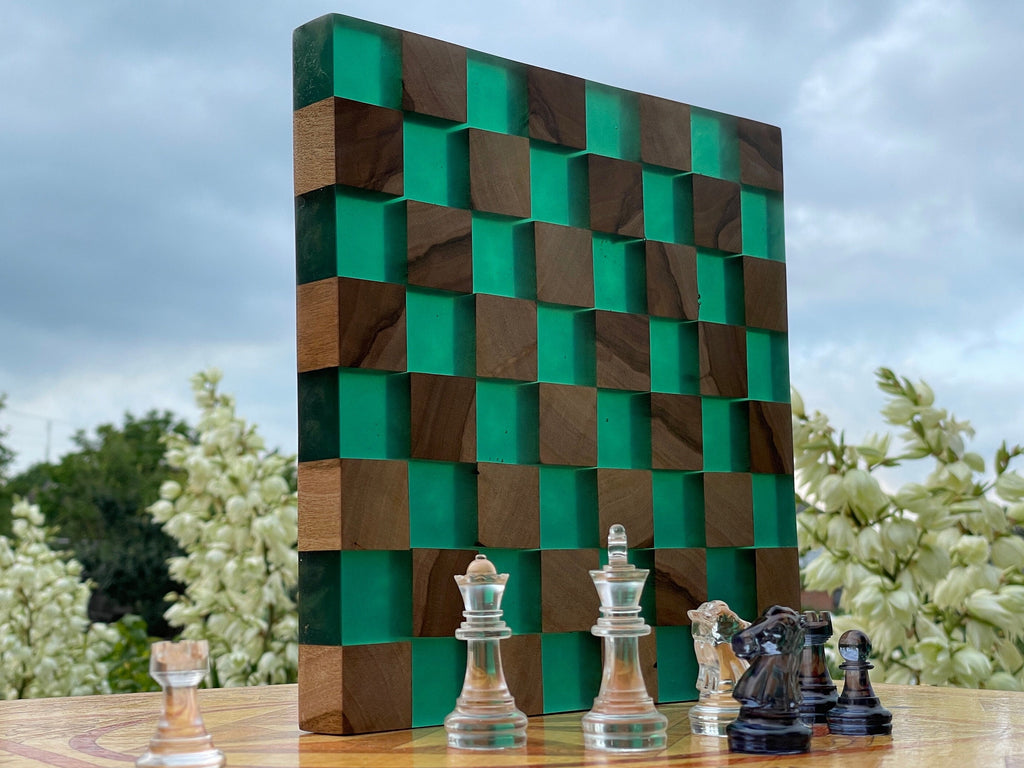 Epoxy chess board, handmade chess board resin, unique resin chess board, chess set resin, epoxy chess set, blue chess set