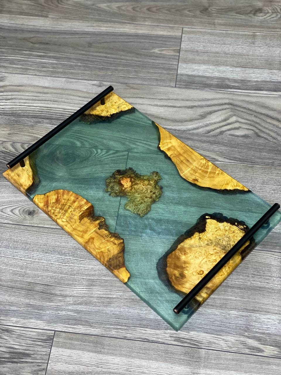 Modern ottoman tray, breakfast wood tray, teak wood tray, long tray, birthday tray decor, serving tray with handles, light wood ottoman tray
