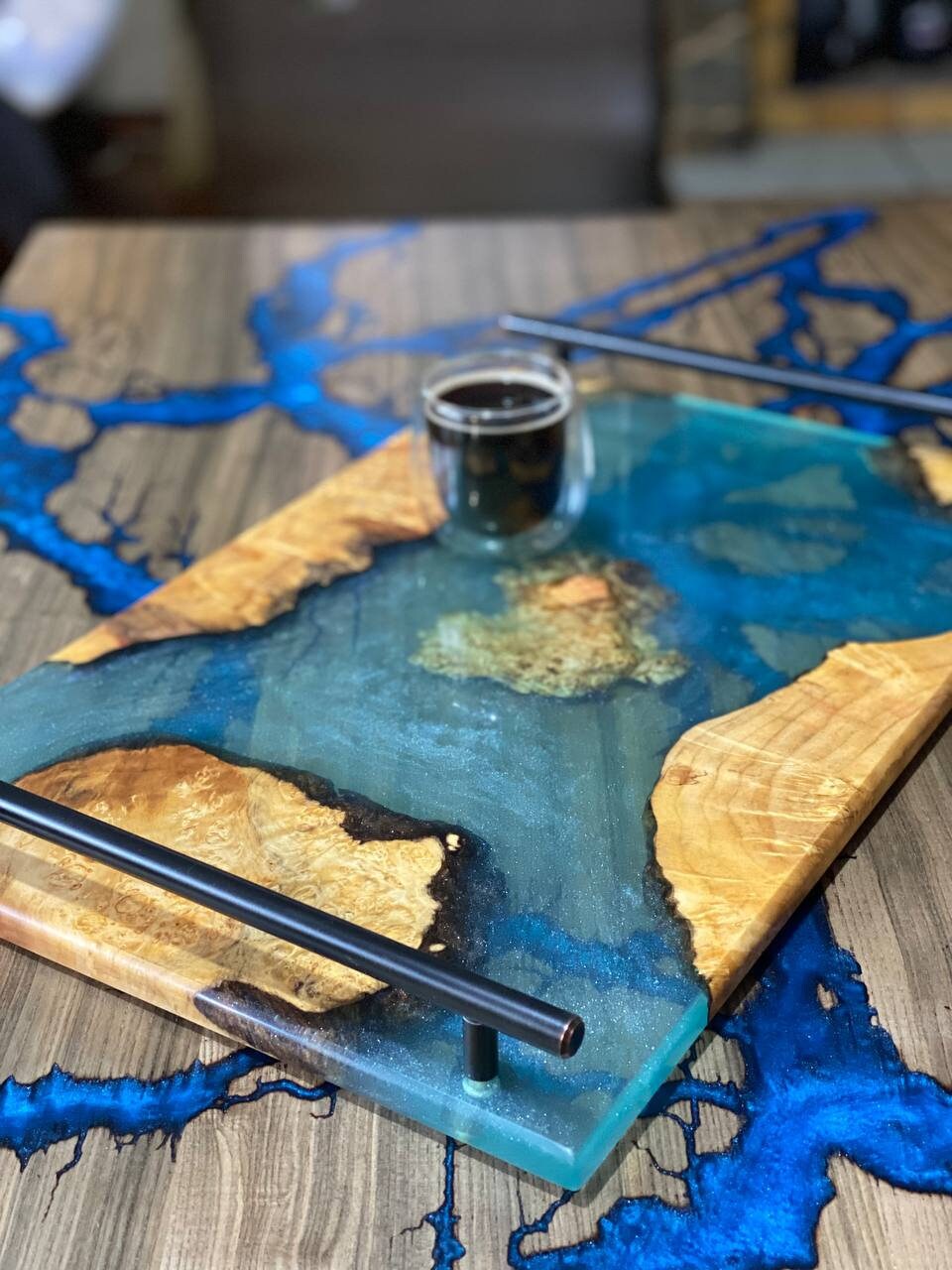 Modern ottoman tray, breakfast wood tray, teak wood tray, long tray, birthday tray decor, serving tray with handles, light wood ottoman tray