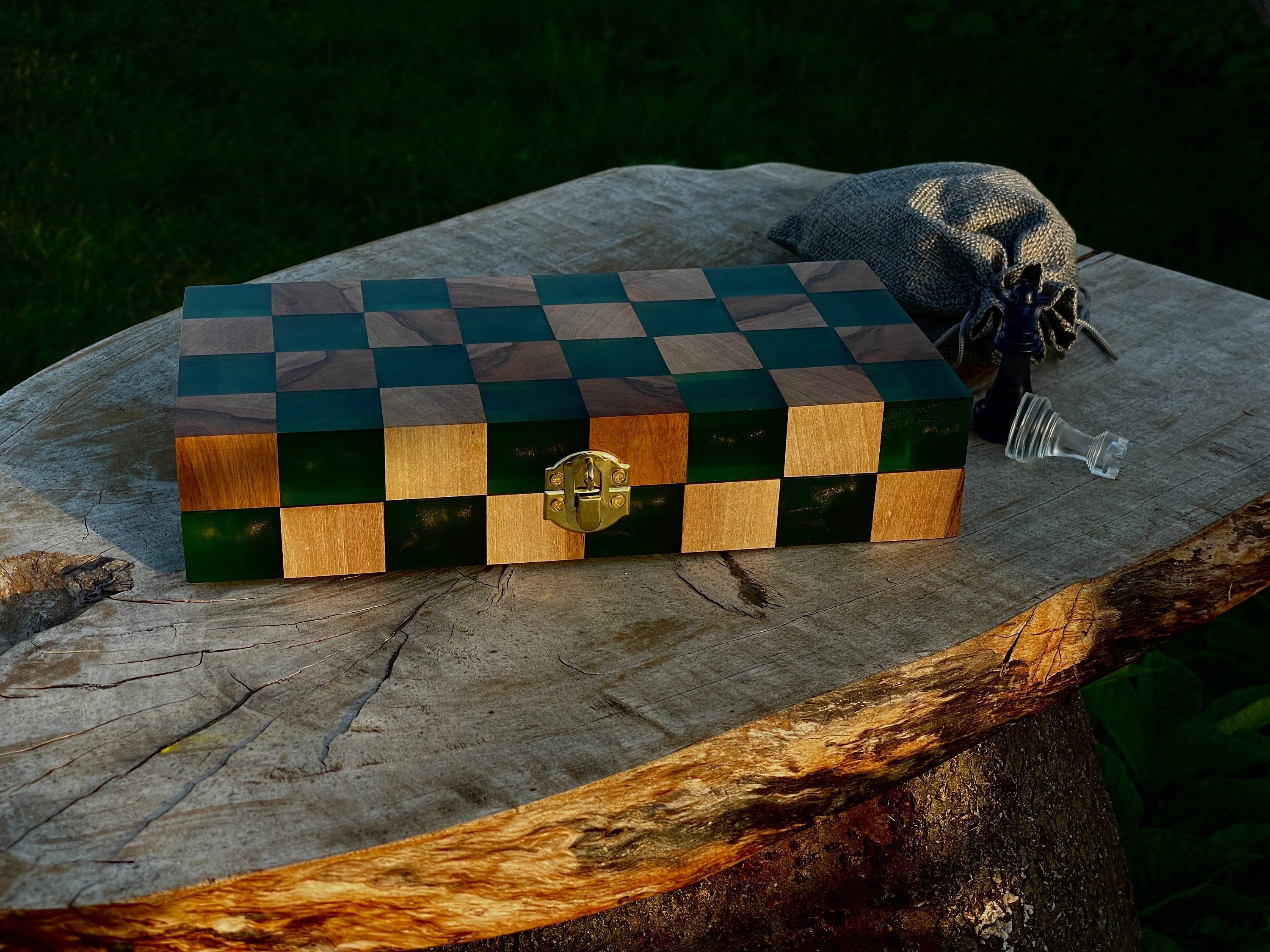 Folding chess board, custom chessboard, handcrafted chessboard, resin and wood chess set, personalized chessboard