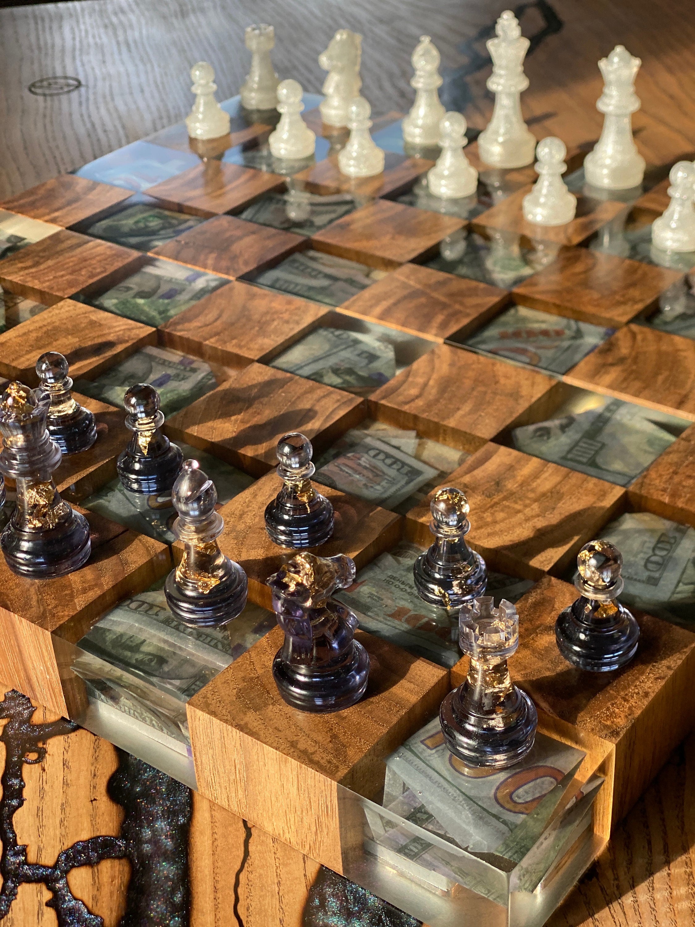 Folding chess board, custom chessboard, handcrafted chessboard, resin and wood chess set, personalized chessboard