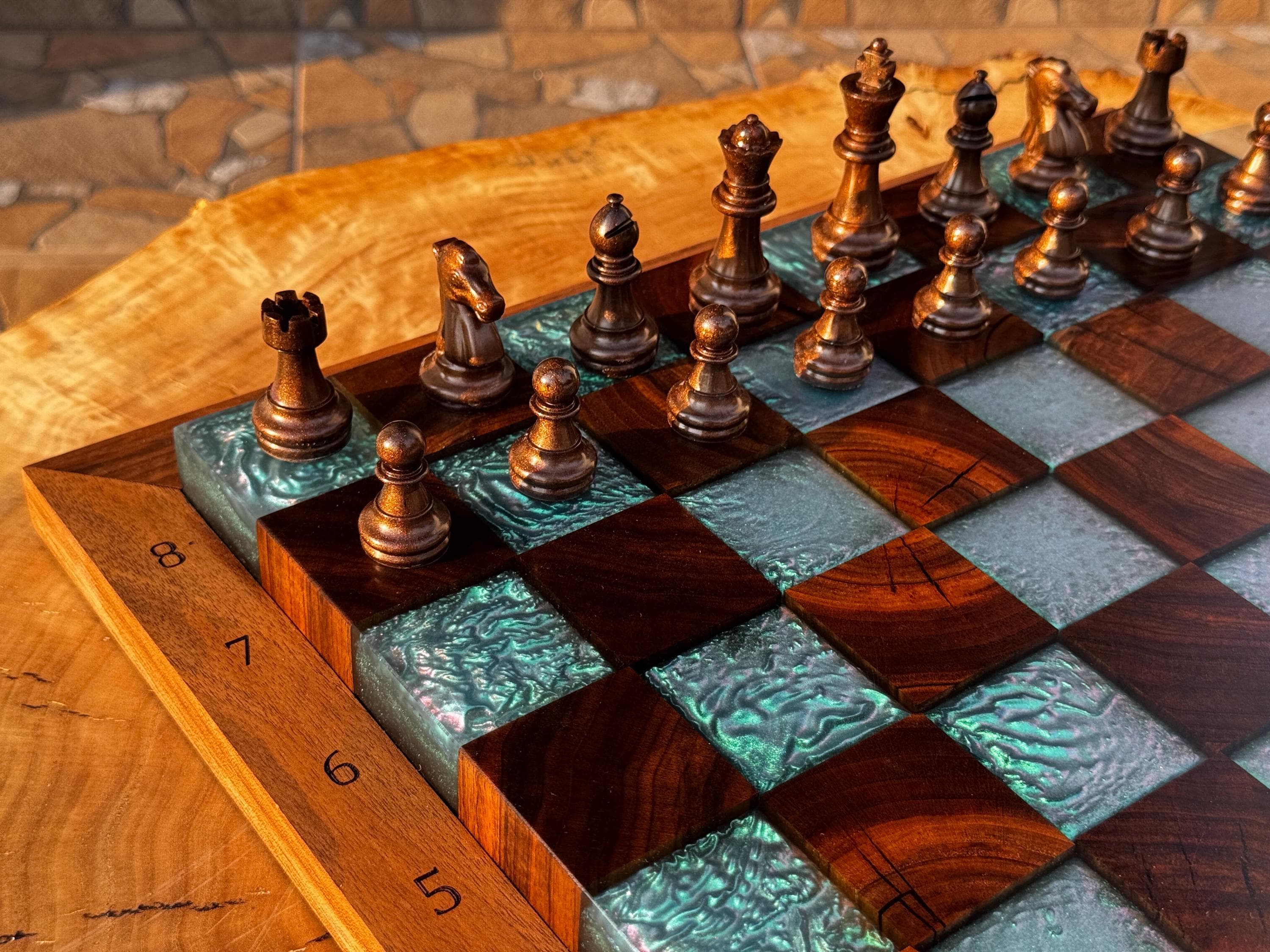 Handmade Walnut & Iridescent Resin Chess Set “Arctic Glow” , Luxury Wooden Chess Board with Pieces