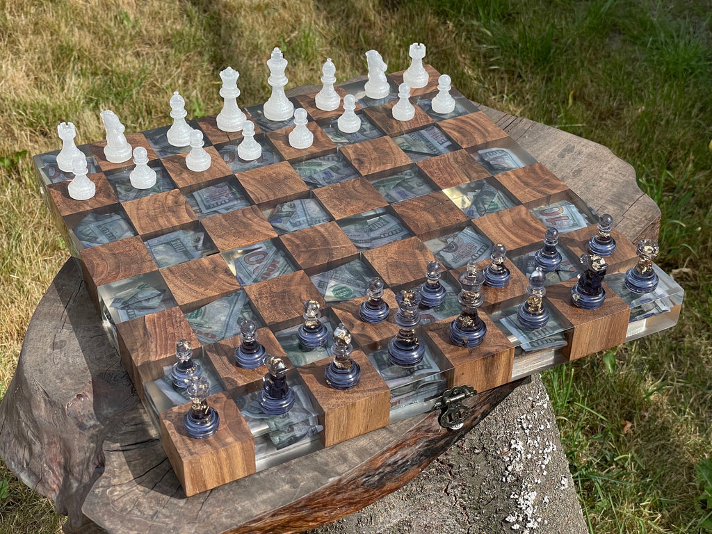 Folding chess board, custom chessboard, handcrafted chessboard, resin and wood chess set, personalized chessboard