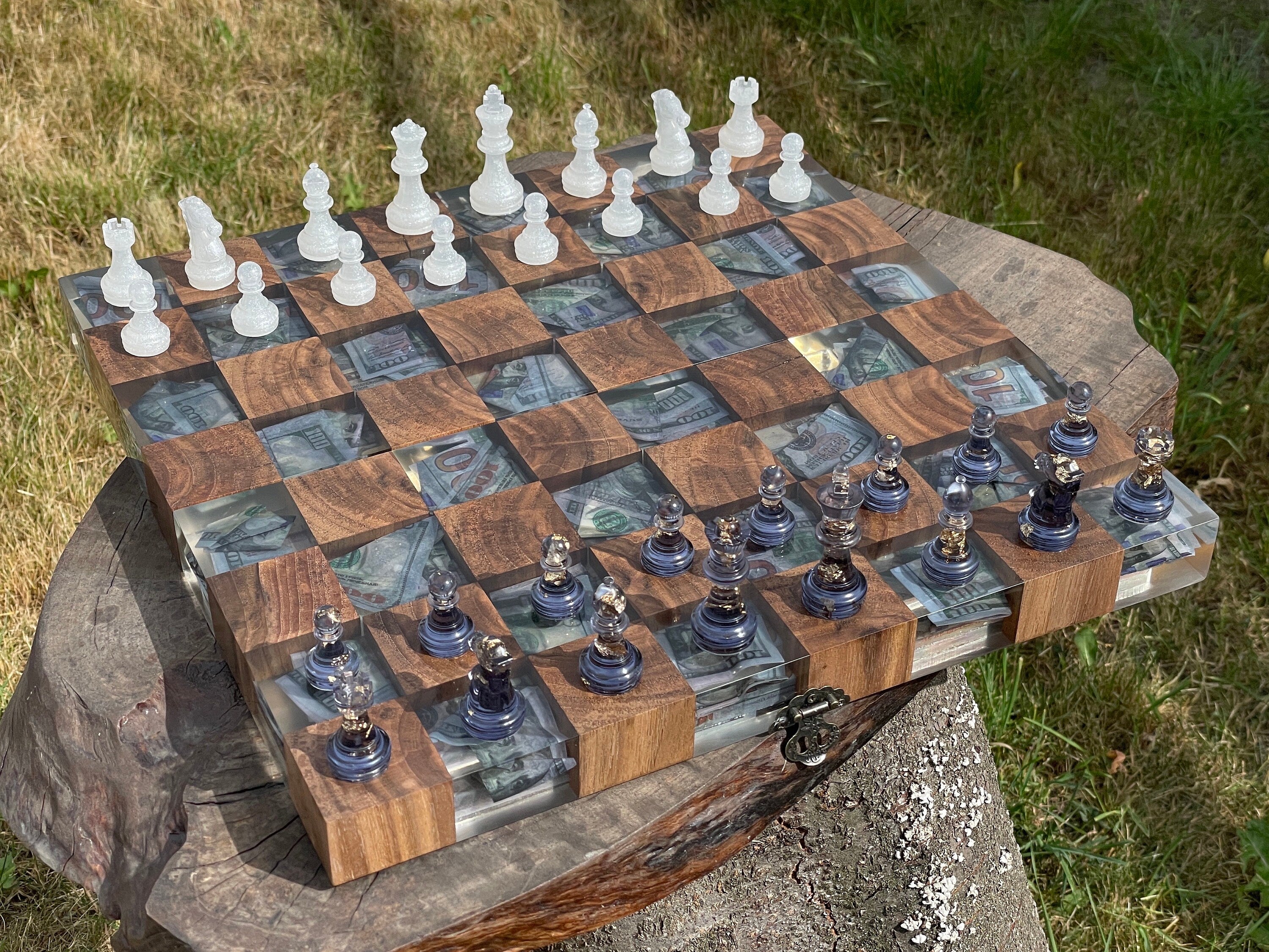 Folding chess board, custom chessboard, handcrafted chessboard, resin and wood chess set, personalized chessboard