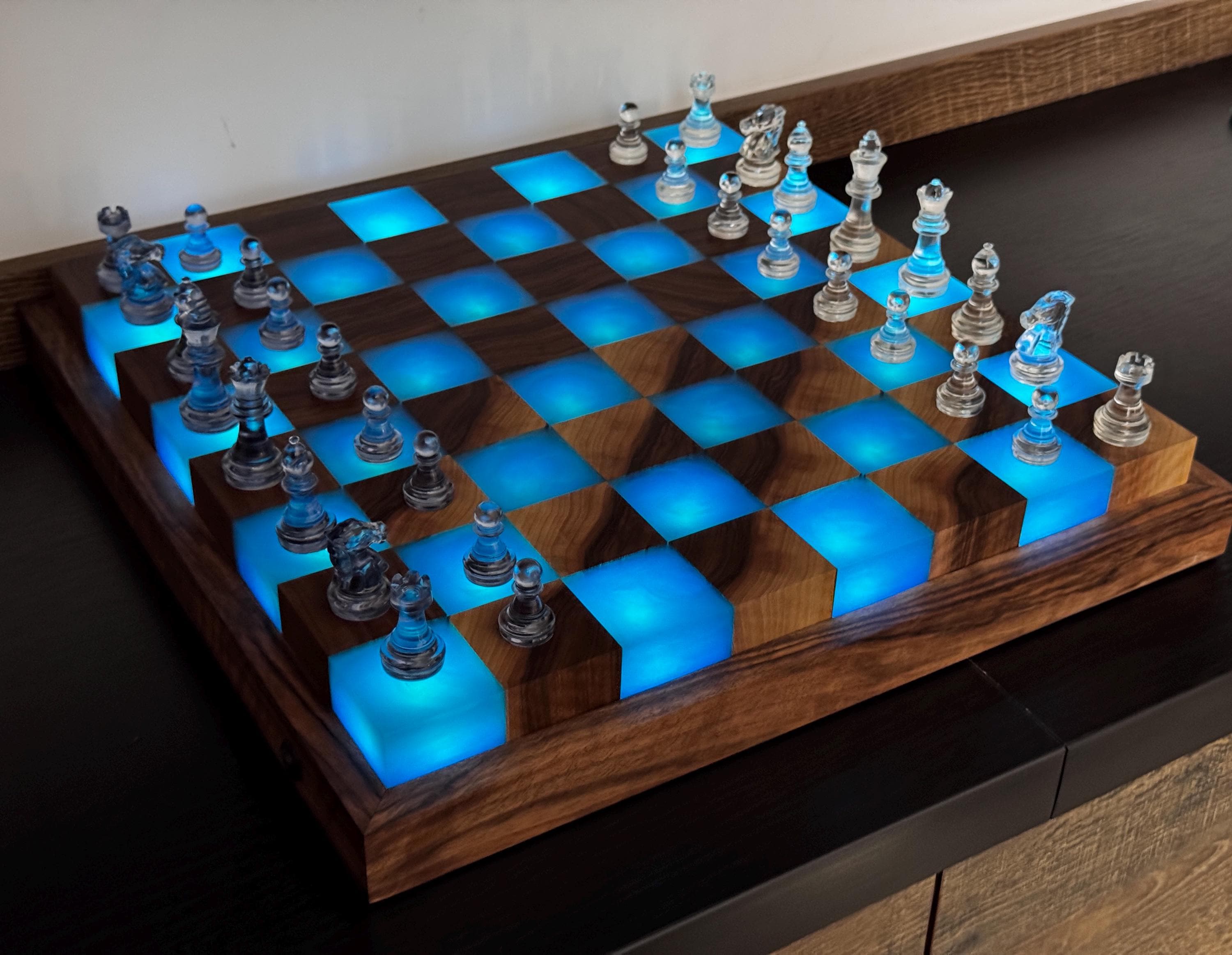 Handmade Large illuminated Chess set, epoxy resin chess,unique chess, custom chess board, resin chess board, chess gifts, chess board modern