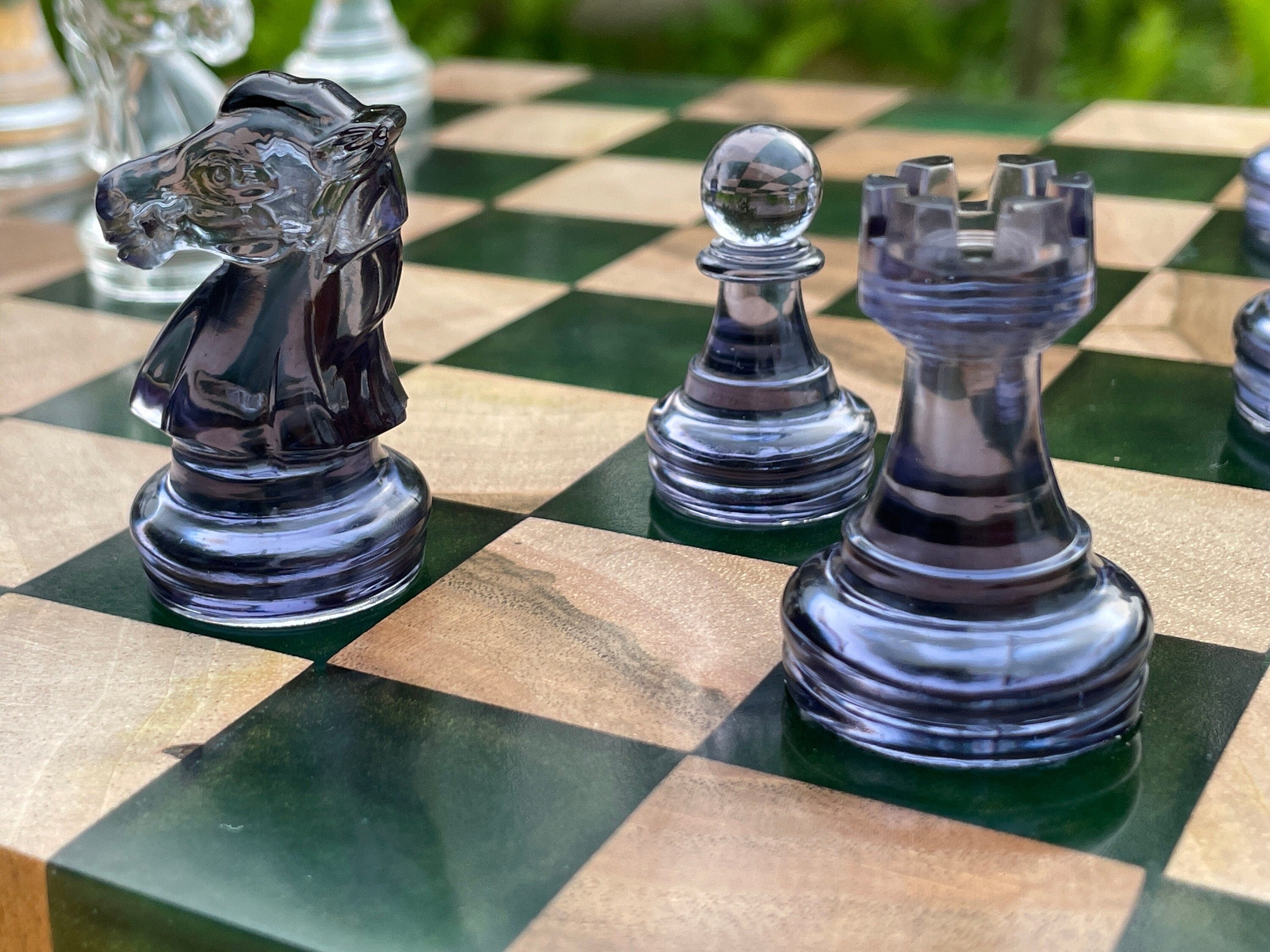 Epoxy chess board, handmade chess board resin, unique resin chess board, chess set resin, epoxy chess set, blue chess set