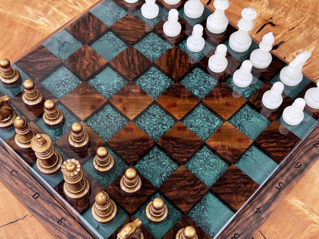 Handmade Walnut & Iridescent Resin Chess Set “Arctic Glow” , Luxury Wooden Chess Board with Pieces