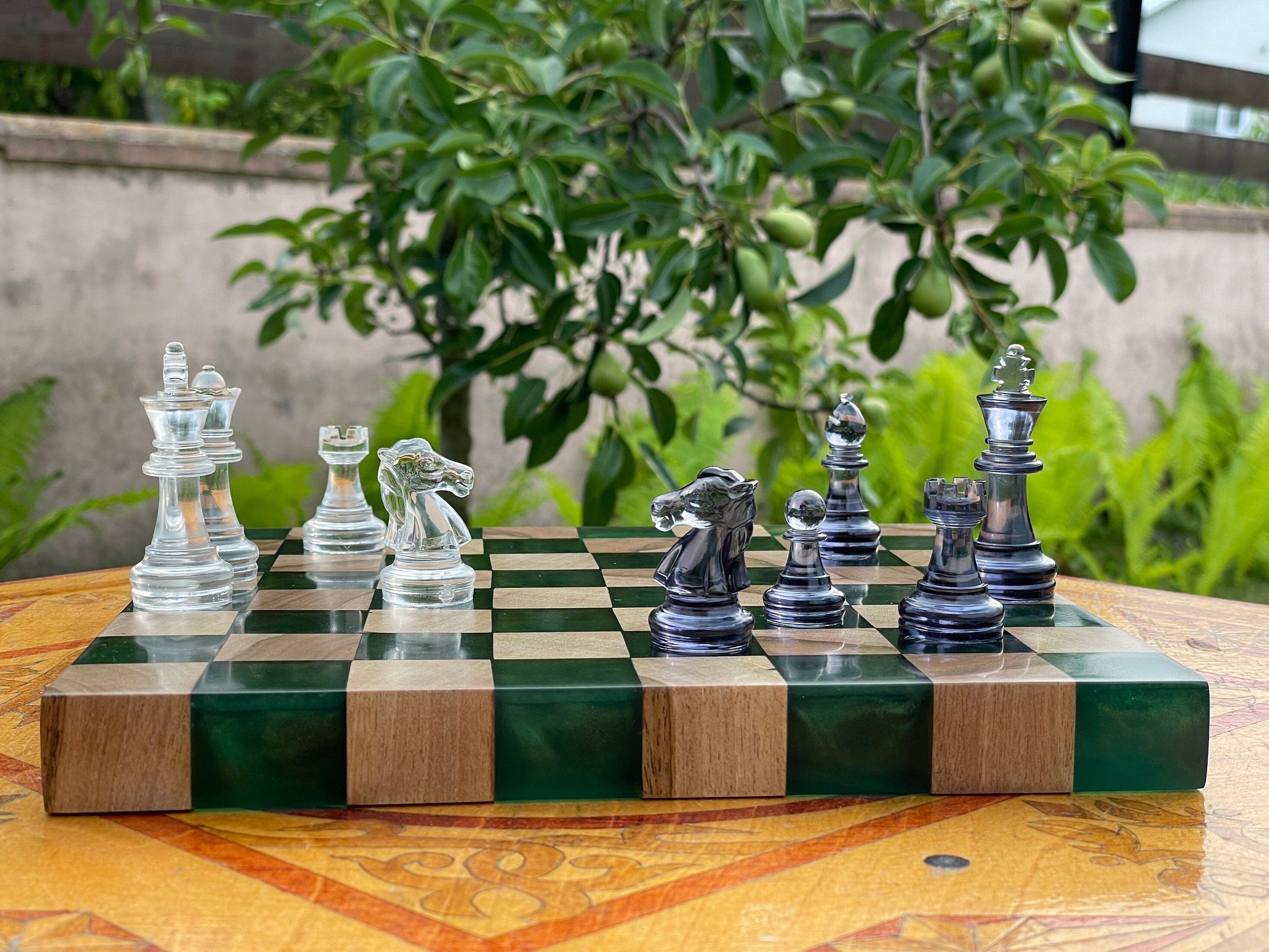 Epoxy chess board, handmade chess board resin, unique resin chess board, chess set resin, epoxy chess set, blue chess set