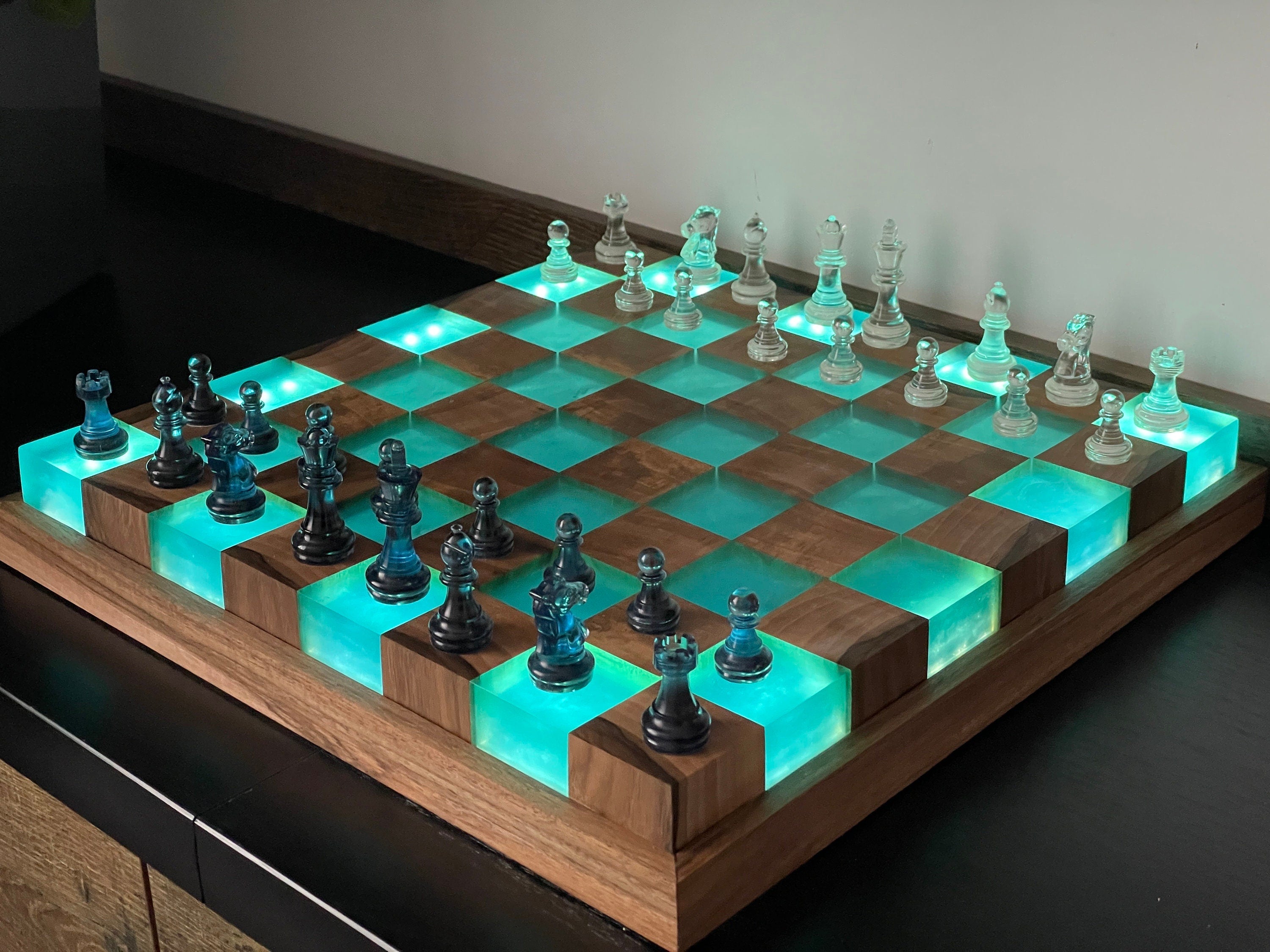 Handmade Large illuminated Chess set, epoxy resin chess,unique chess, custom chess board, resin chess board, chess gifts, chess board modern