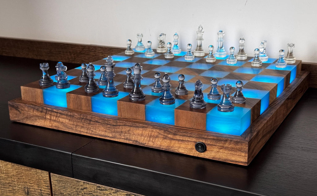 Handmade Large illuminated Chess set, epoxy resin chess,unique chess, custom chess board, resin chess board, chess gifts, chess board modern