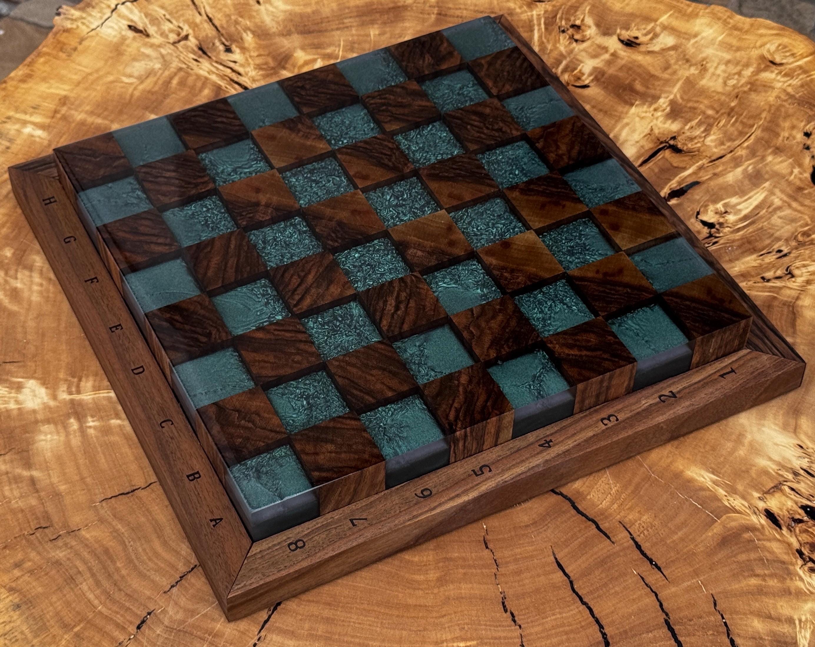 Handmade Walnut & Iridescent Resin Chess Set “Arctic Glow” , Luxury Wooden Chess Board with Pieces