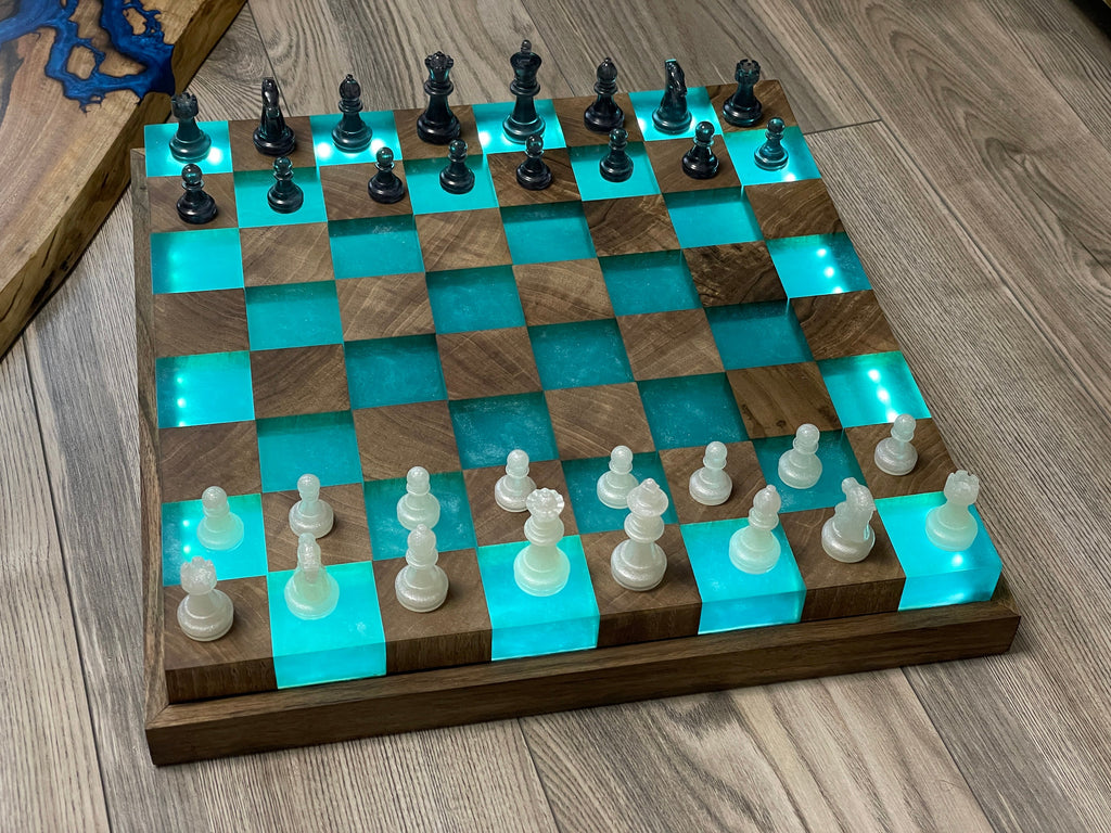 Handmade Large illuminated Chess set, epoxy resin chess,unique chess, custom chess board, resin chess board, chess gifts, chess board modern