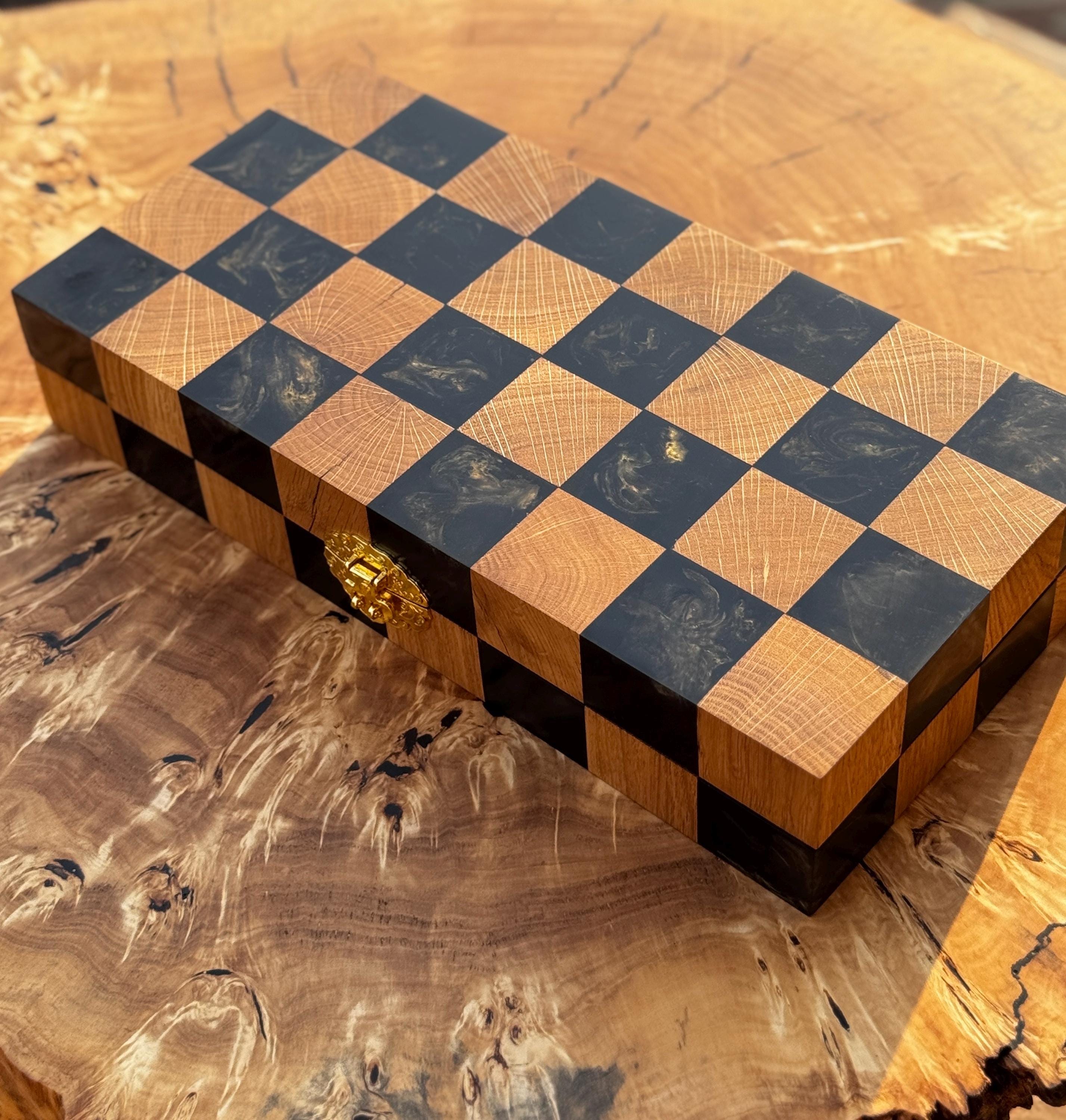 Folding chess board, custom chessboard, handcrafted chessboard, resin and wood chess set, personalized chessboard