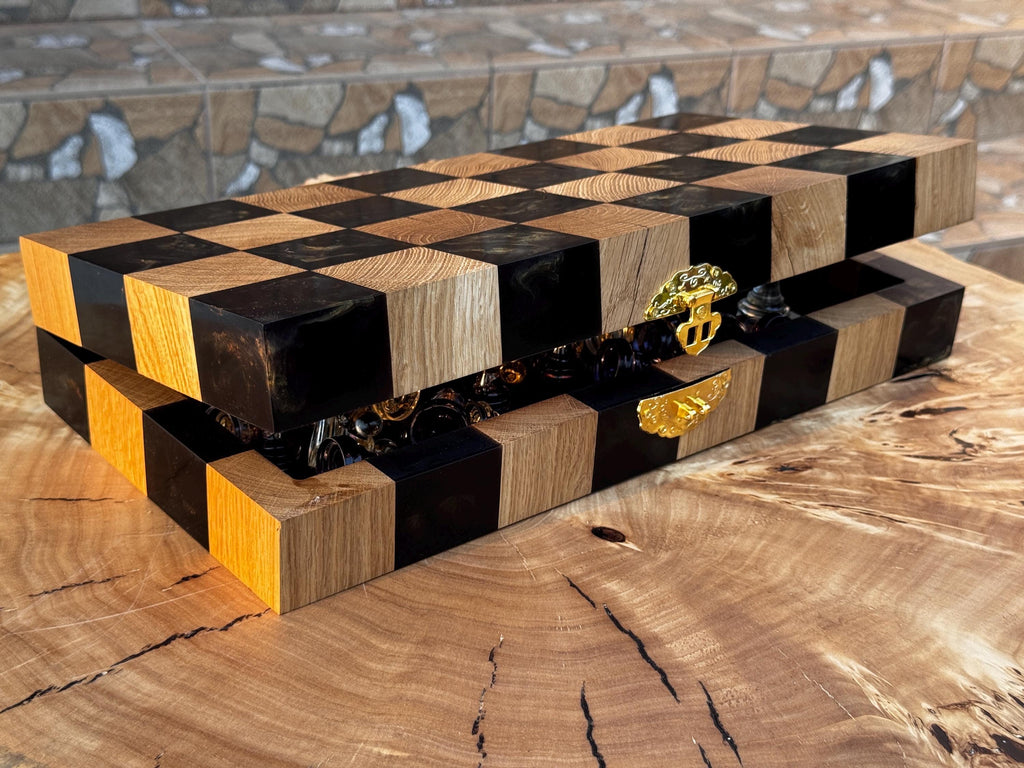 Folding chess board, custom chessboard, handcrafted chessboard, resin and wood chess set, personalized chessboard