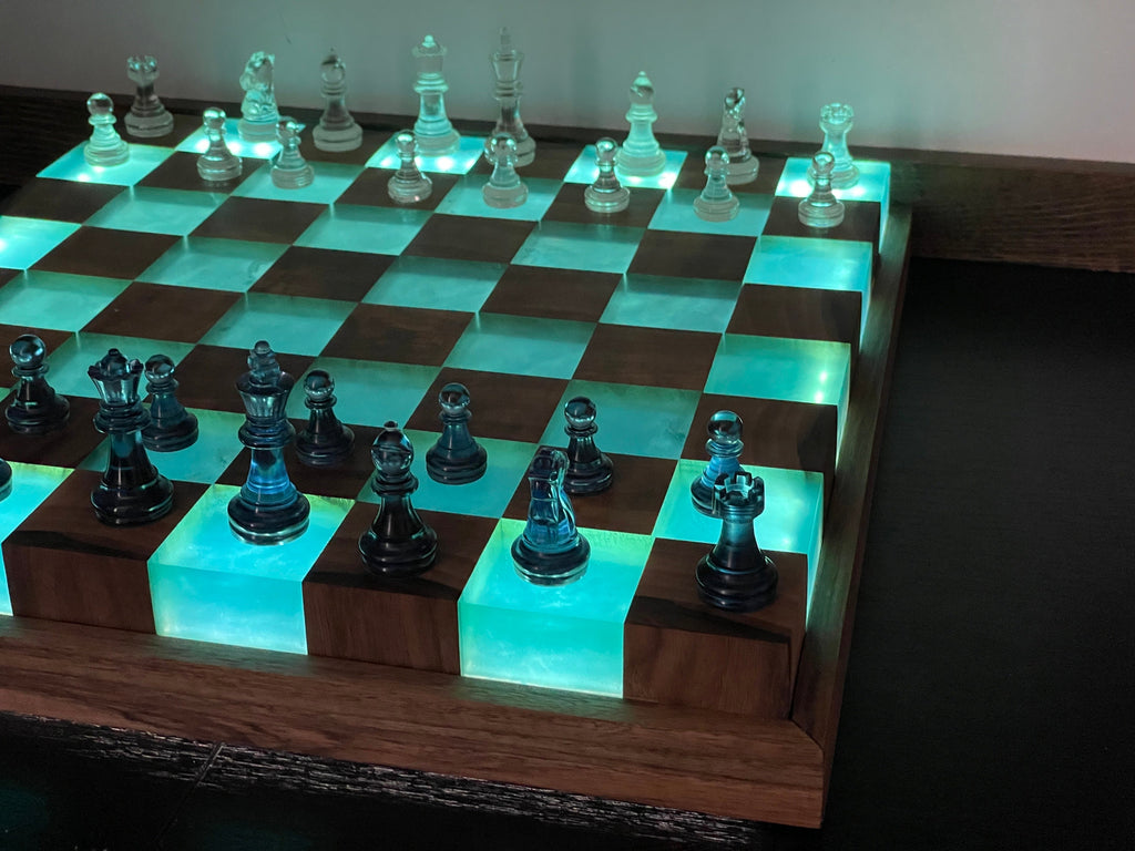 Handmade Large illuminated Chess set, epoxy resin chess,unique chess, custom chess board, resin chess board, chess gifts, chess board modern