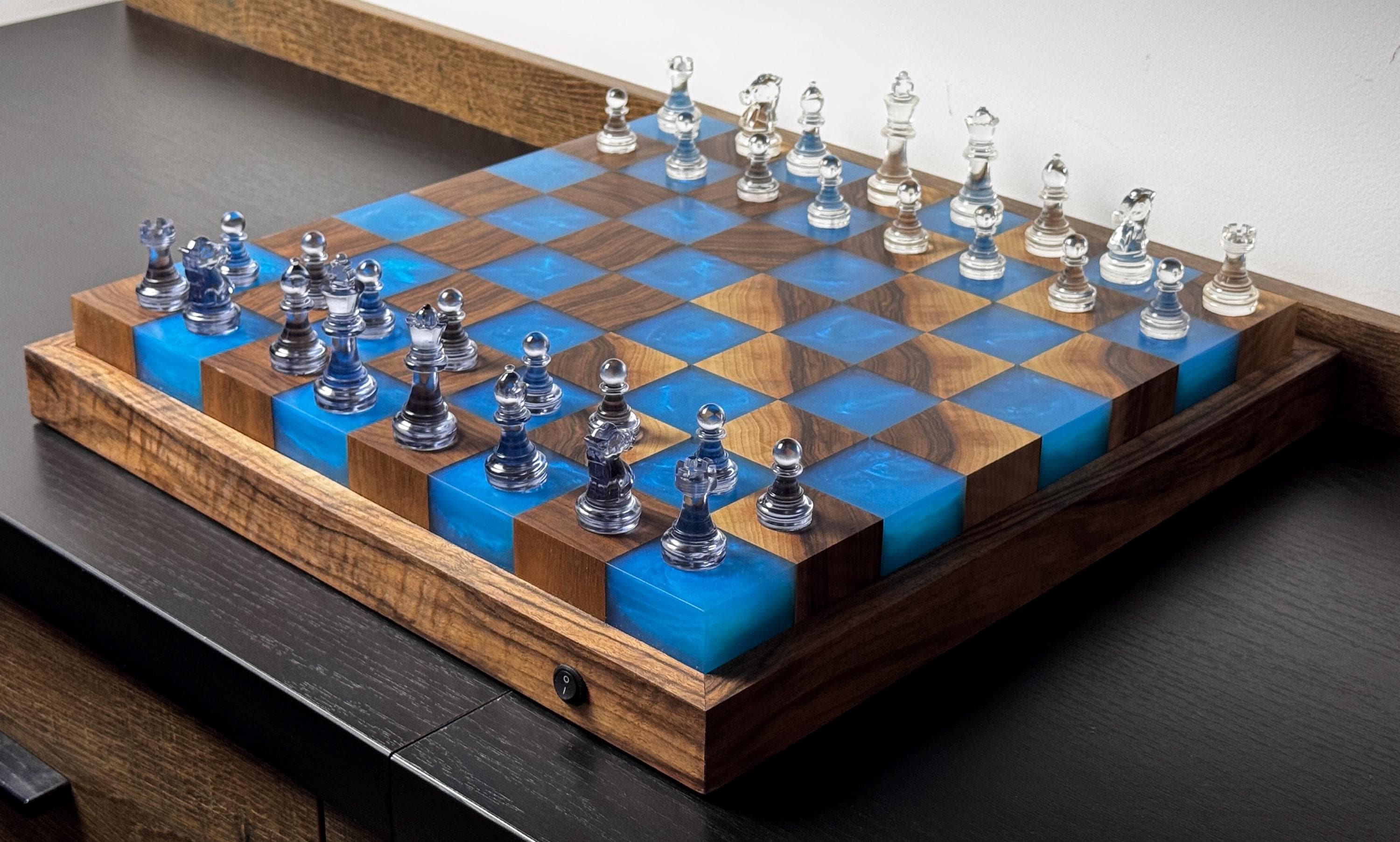 Handmade Large illuminated Chess set, epoxy resin chess,unique chess, custom chess board, resin chess board, chess gifts, chess board modern