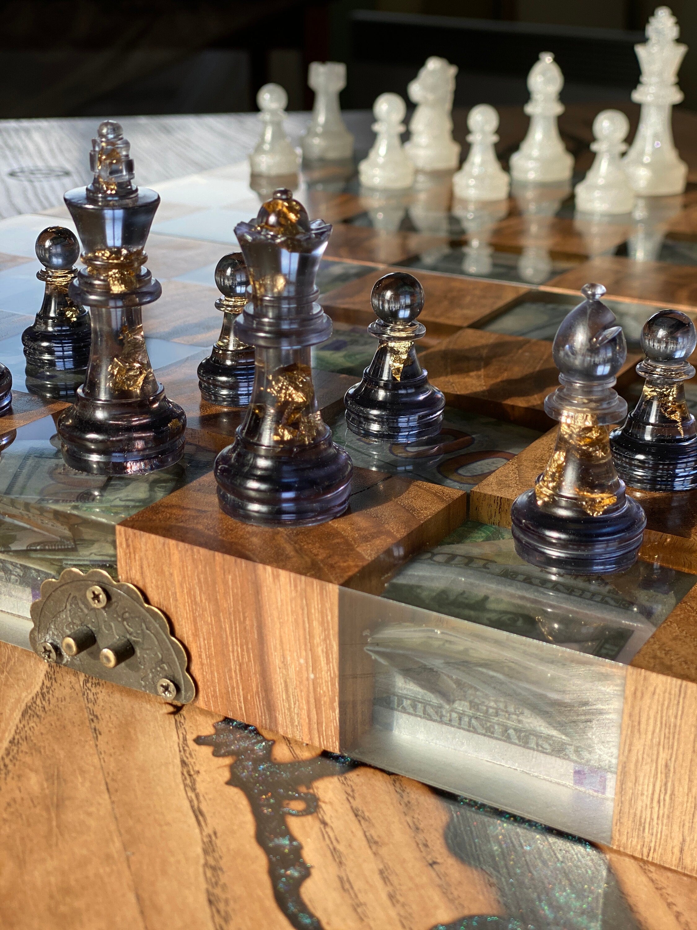 Folding chess board, custom chessboard, handcrafted chessboard, resin and wood chess set, personalized chessboard