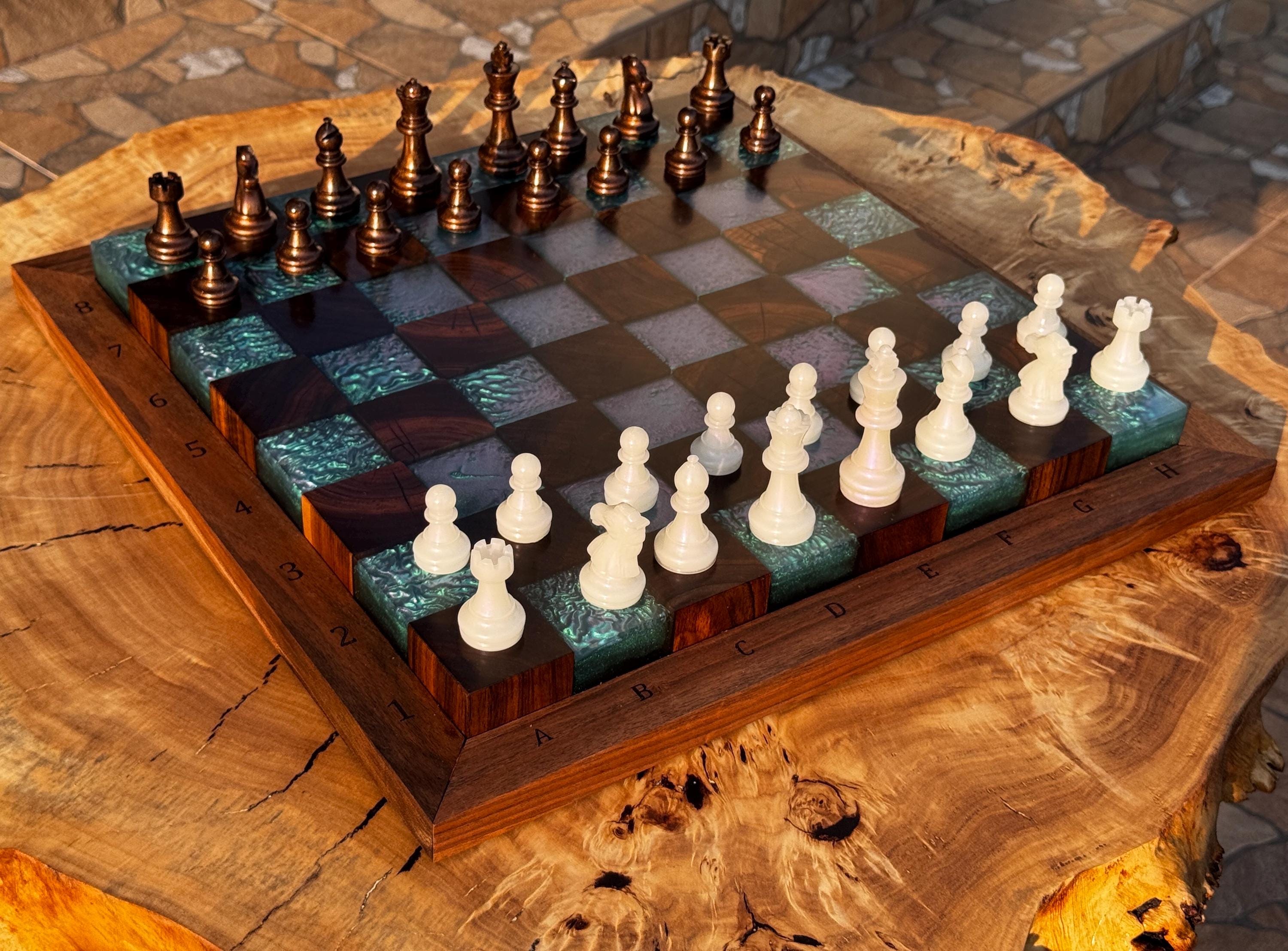 Handmade Walnut & Iridescent Resin Chess Set “Arctic Glow” , Luxury Wooden Chess Board with Pieces