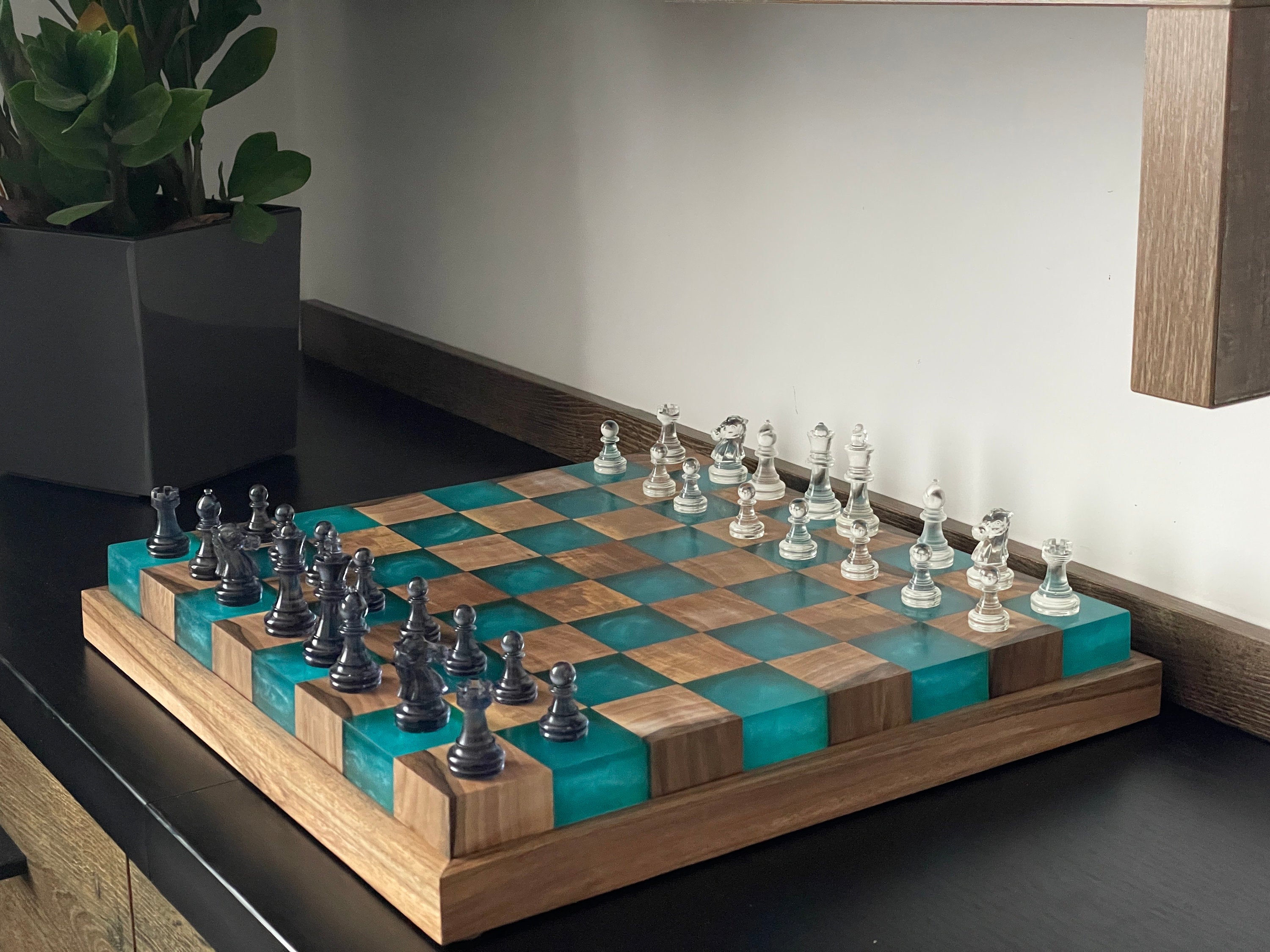 Handmade Large illuminated Chess set, epoxy resin chess,unique chess, custom chess board, resin chess board, chess gifts, chess board modern