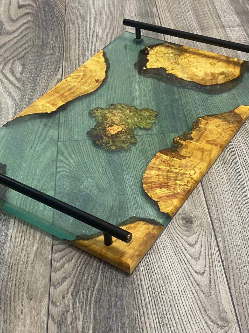 Modern ottoman tray, breakfast wood tray, teak wood tray, long tray, birthday tray decor, serving tray with handles, light wood ottoman tray