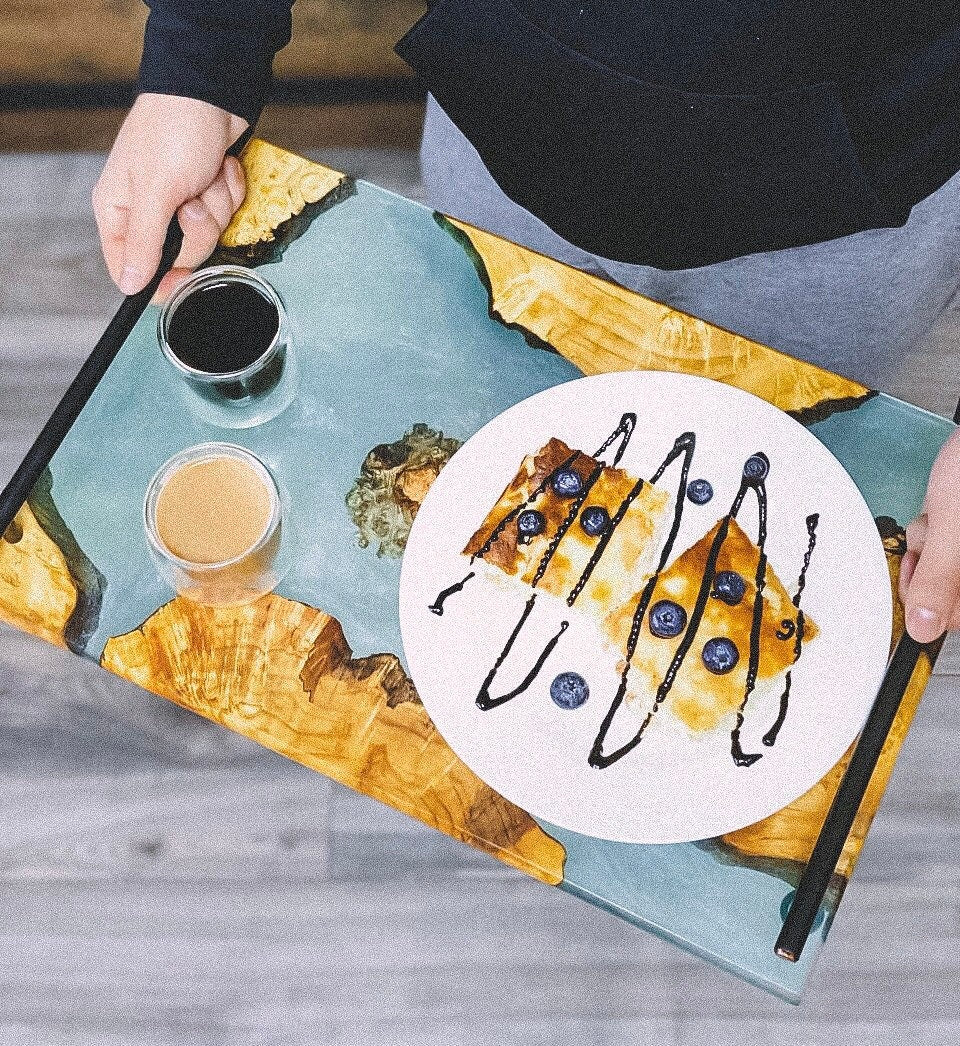 Modern ottoman tray, breakfast wood tray, teak wood tray, long tray, birthday tray decor, serving tray with handles, light wood ottoman tray
