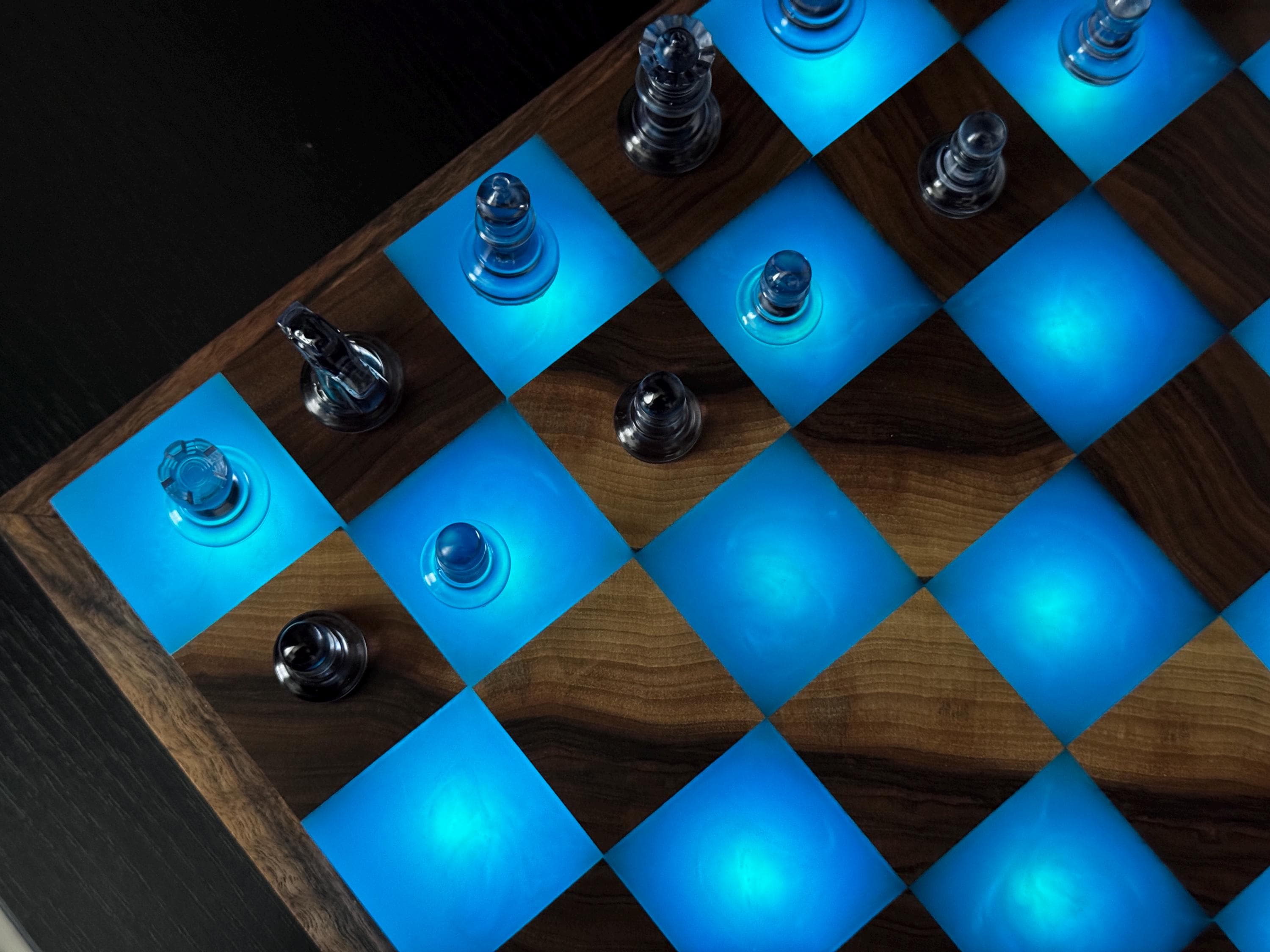 Handmade Large illuminated Chess set, epoxy resin chess,unique chess, custom chess board, resin chess board, chess gifts, chess board modern