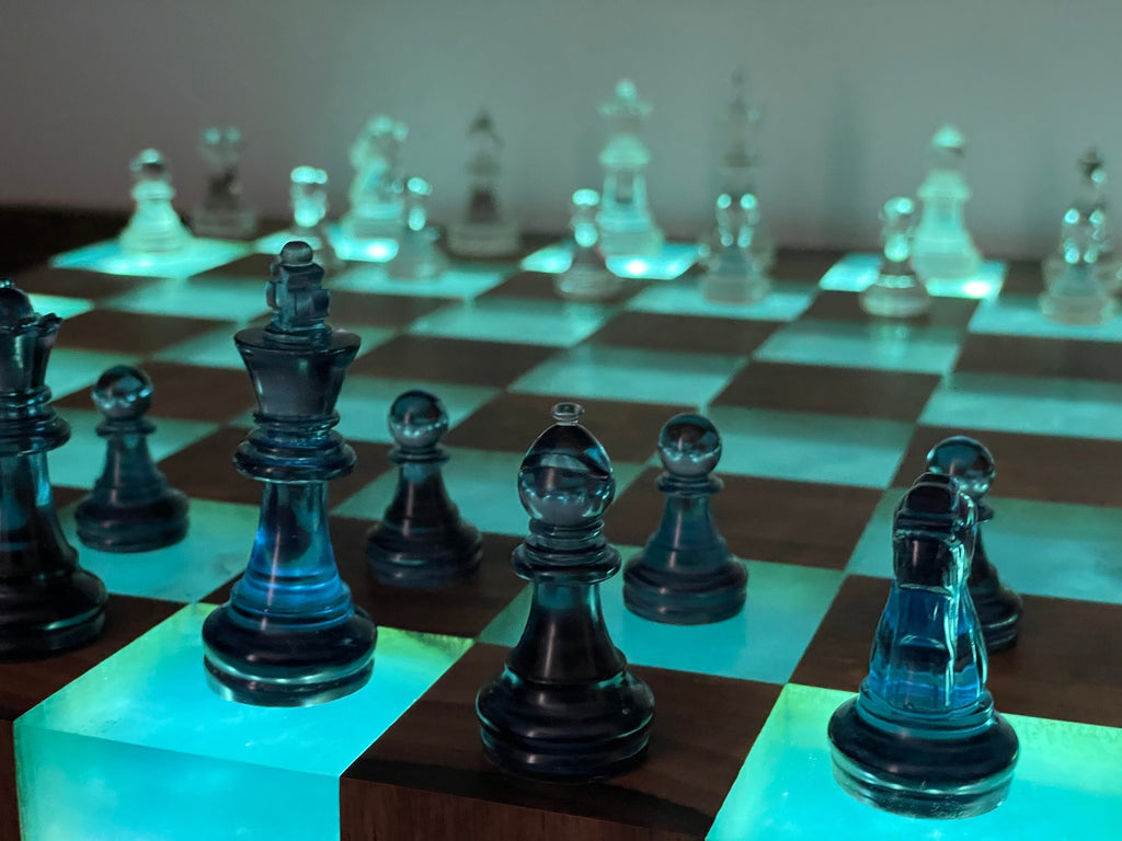Handmade Large illuminated Chess set, epoxy resin chess,unique chess, custom chess board, resin chess board, chess gifts, chess board modern