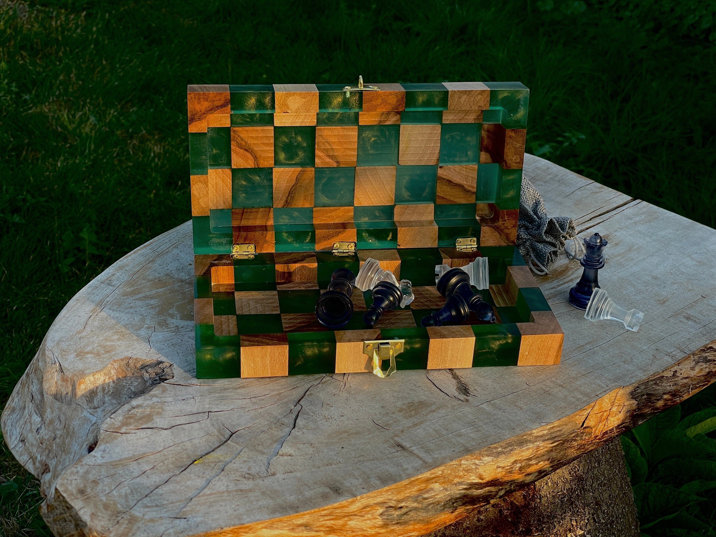 Folding chess board, custom chessboard, handcrafted chessboard, resin and wood chess set, personalized chessboard
