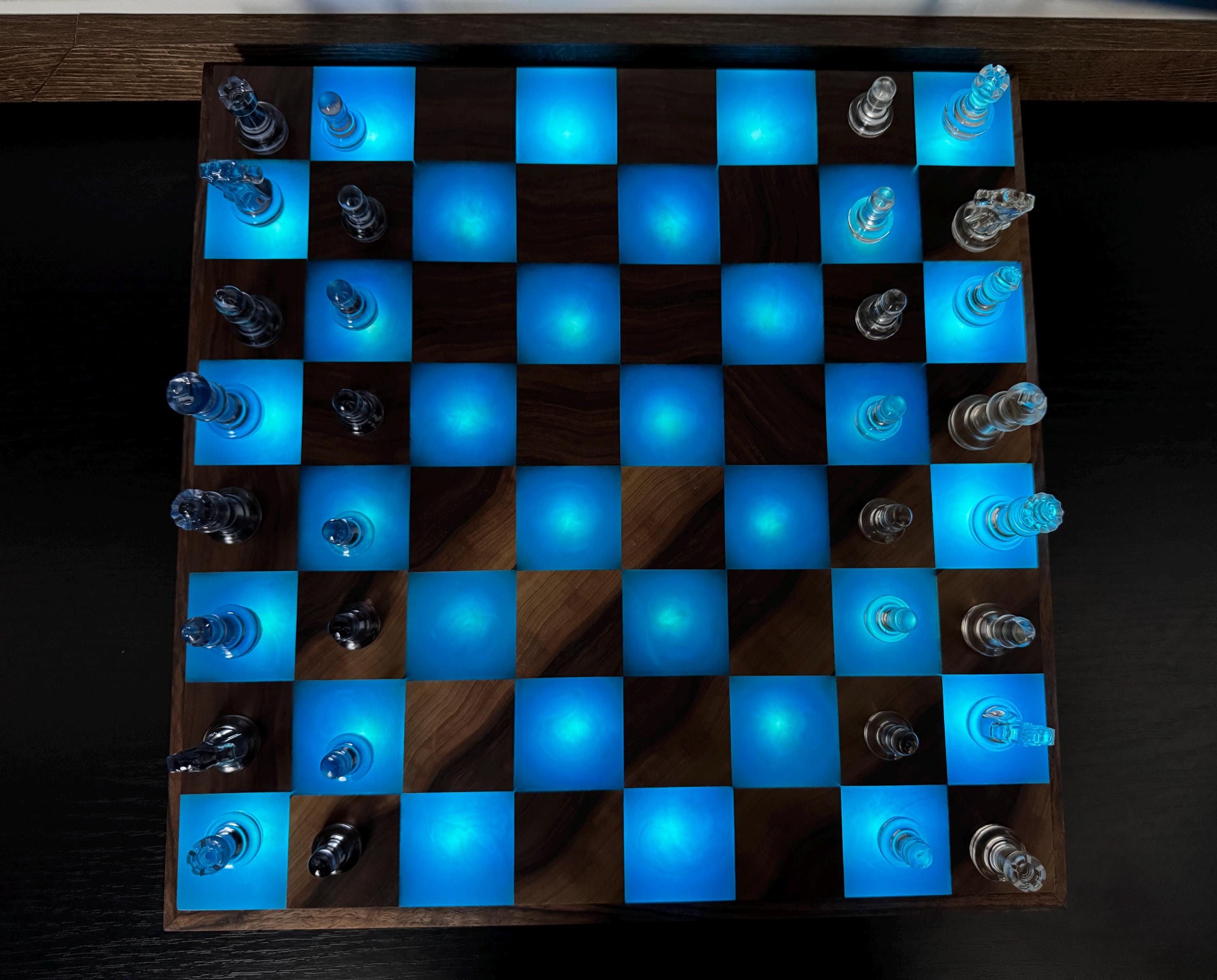Handmade Large illuminated Chess set, epoxy resin chess,unique chess, custom chess board, resin chess board, chess gifts, chess board modern