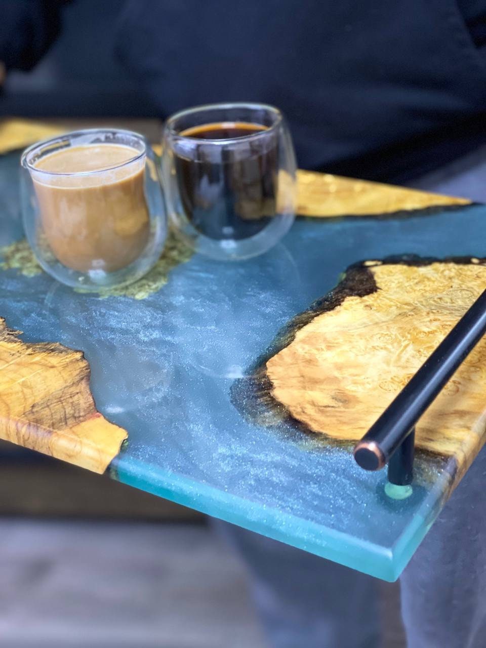 Modern ottoman tray, breakfast wood tray, teak wood tray, long tray, birthday tray decor, serving tray with handles, light wood ottoman tray