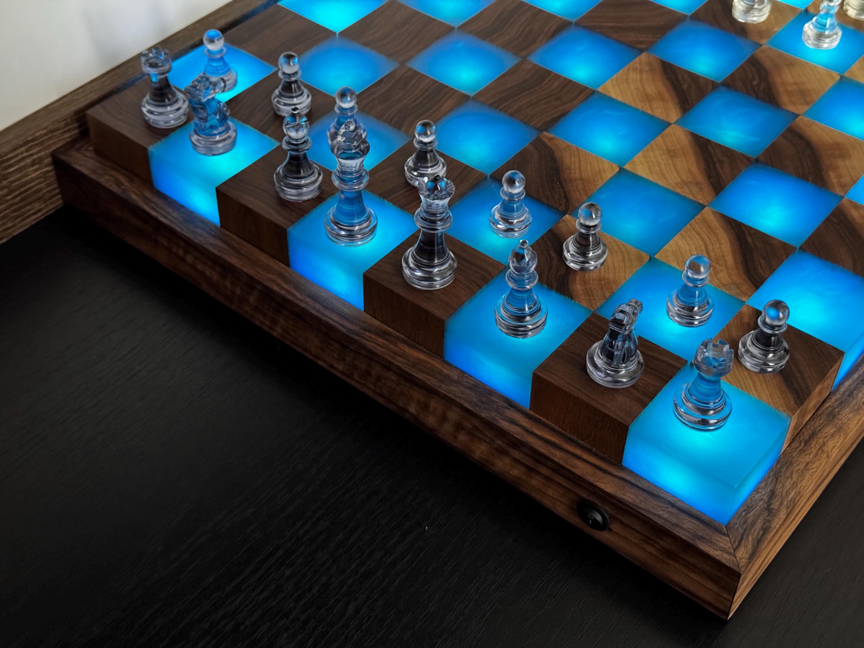 Handmade Large illuminated Chess set, epoxy resin chess,unique chess, custom chess board, resin chess board, chess gifts, chess board modern