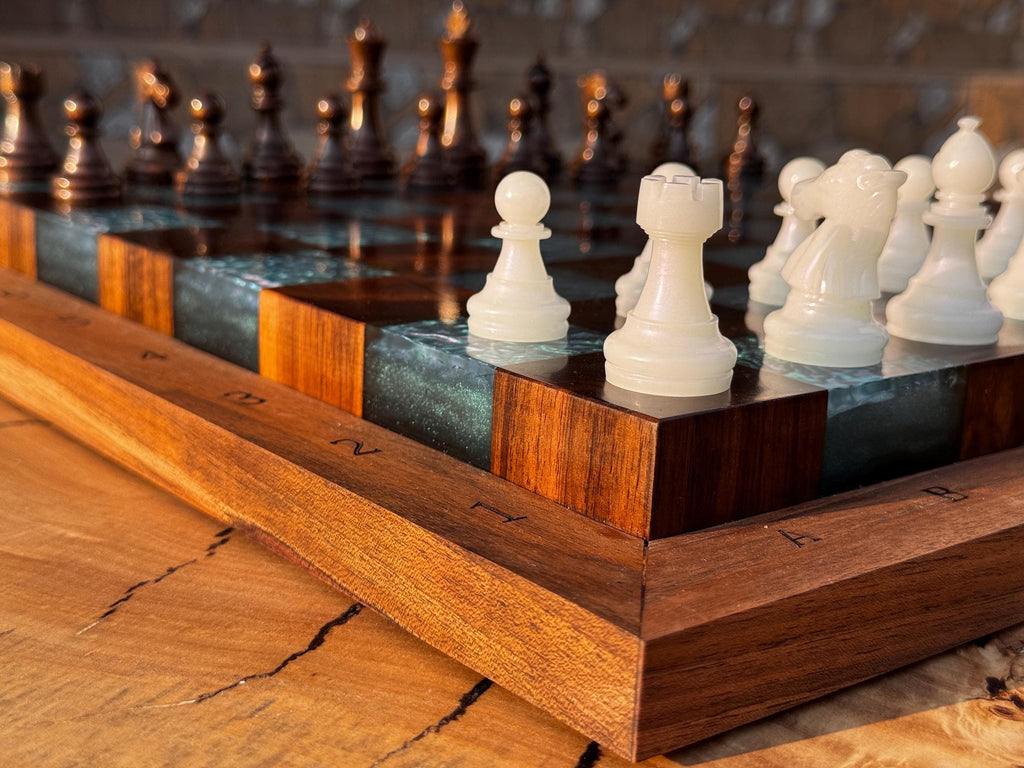 Handmade Walnut & Iridescent Resin Chess Set “Arctic Glow” , Luxury Wooden Chess Board with Pieces