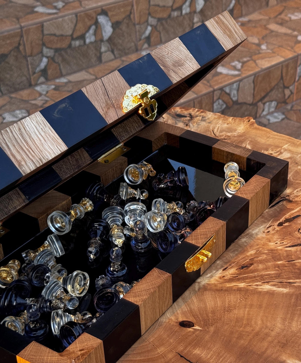 Folding chess board, custom chessboard, handcrafted chessboard, resin and wood chess set, personalized chessboard
