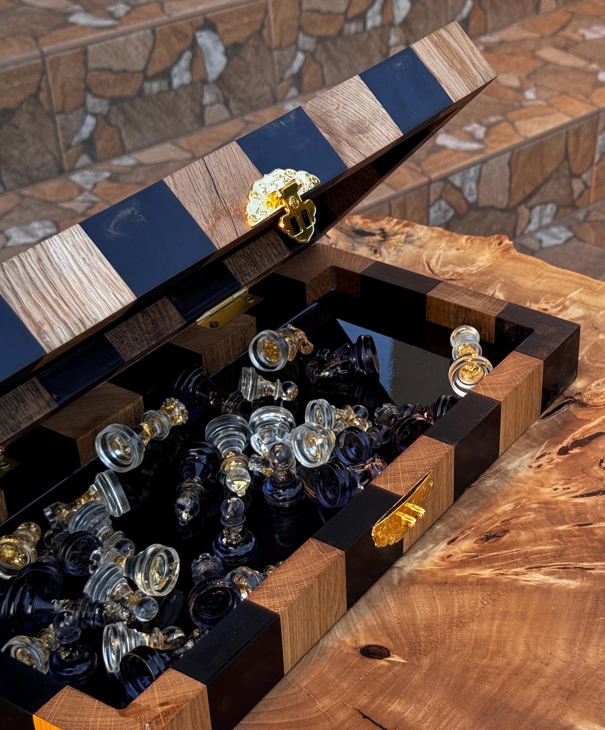 Folding chess board, custom chessboard, handcrafted chessboard, resin and wood chess set, personalized chessboard