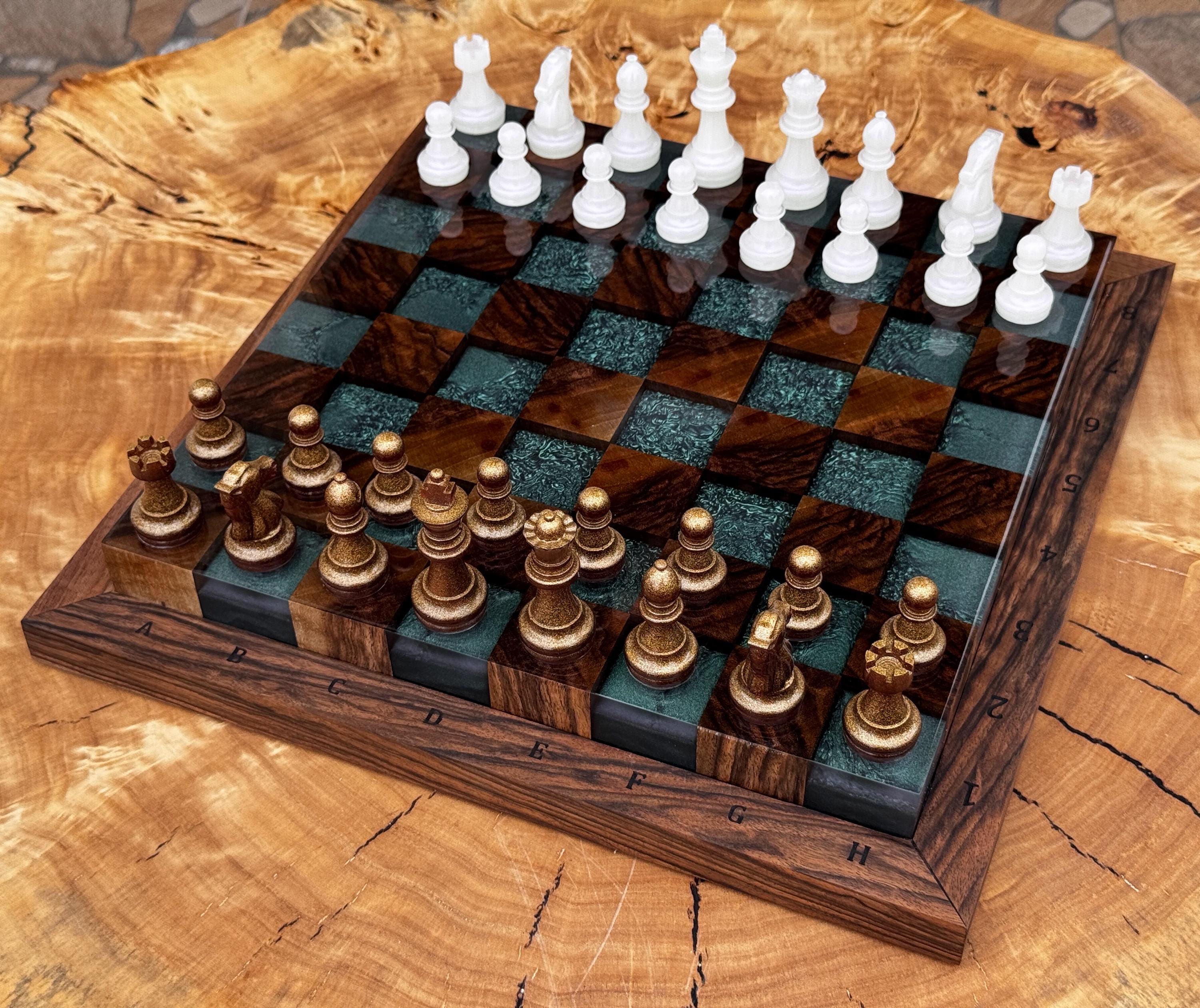 Handmade Walnut & Iridescent Resin Chess Set “Arctic Glow” , Luxury Wooden Chess Board with Pieces