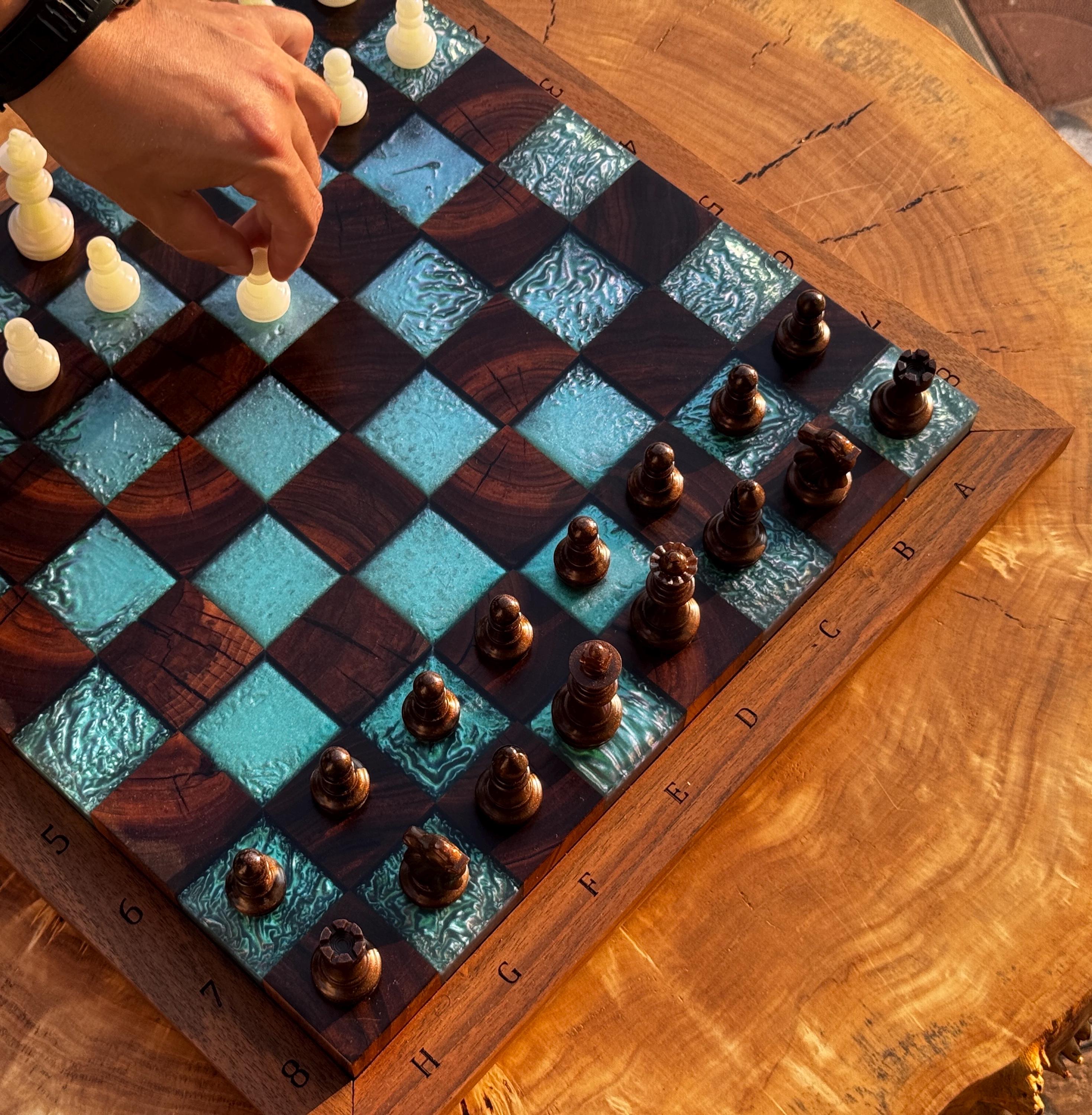 Handmade Walnut & Iridescent Resin Chess Set “Arctic Glow” , Luxury Wooden Chess Board with Pieces