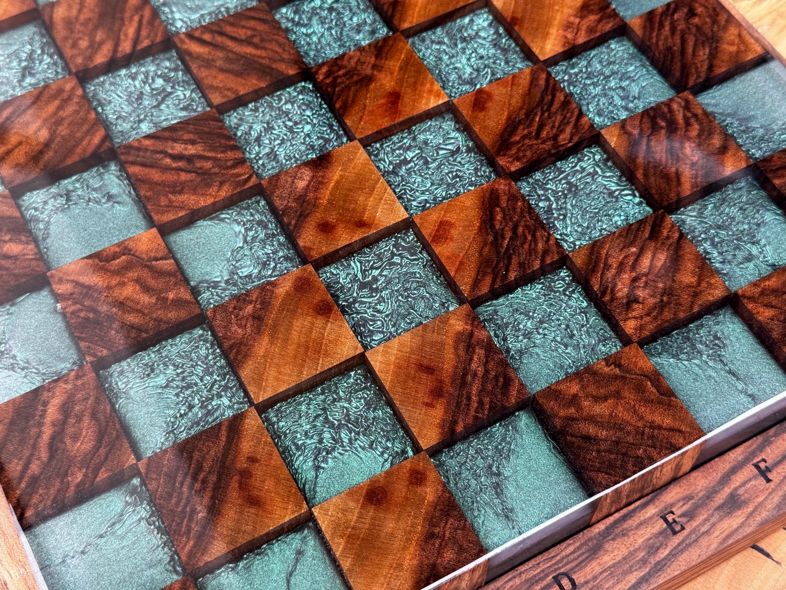 Handmade Walnut & Iridescent Resin Chess Set “Arctic Glow” , Luxury Wooden Chess Board with Pieces