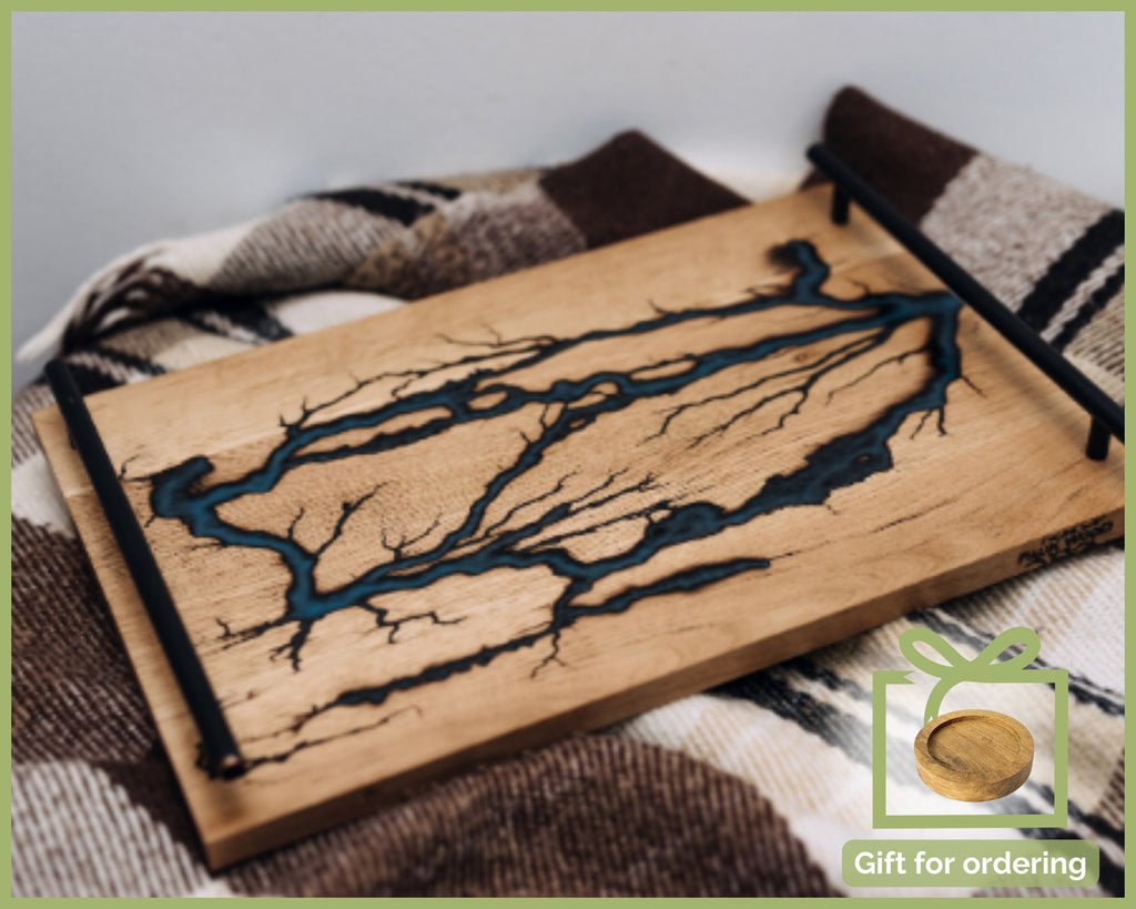 Breakfast wood tray, custom serving tray resin, resin tray, serving tray with handles, modern ottoman tray, birthday tray decor