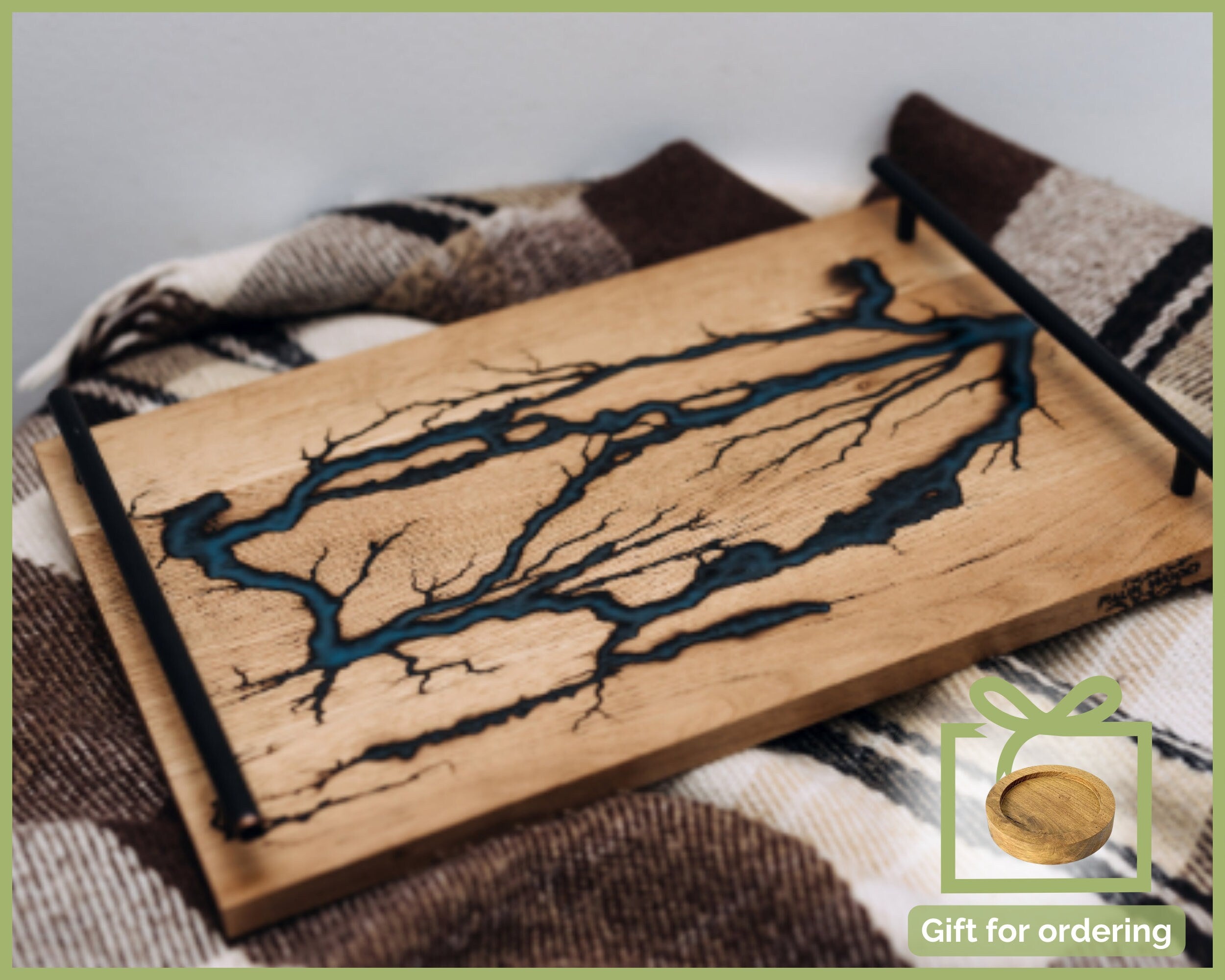 Breakfast wood tray, custom serving tray resin, resin tray, serving tray with handles, modern ottoman tray, birthday tray decor