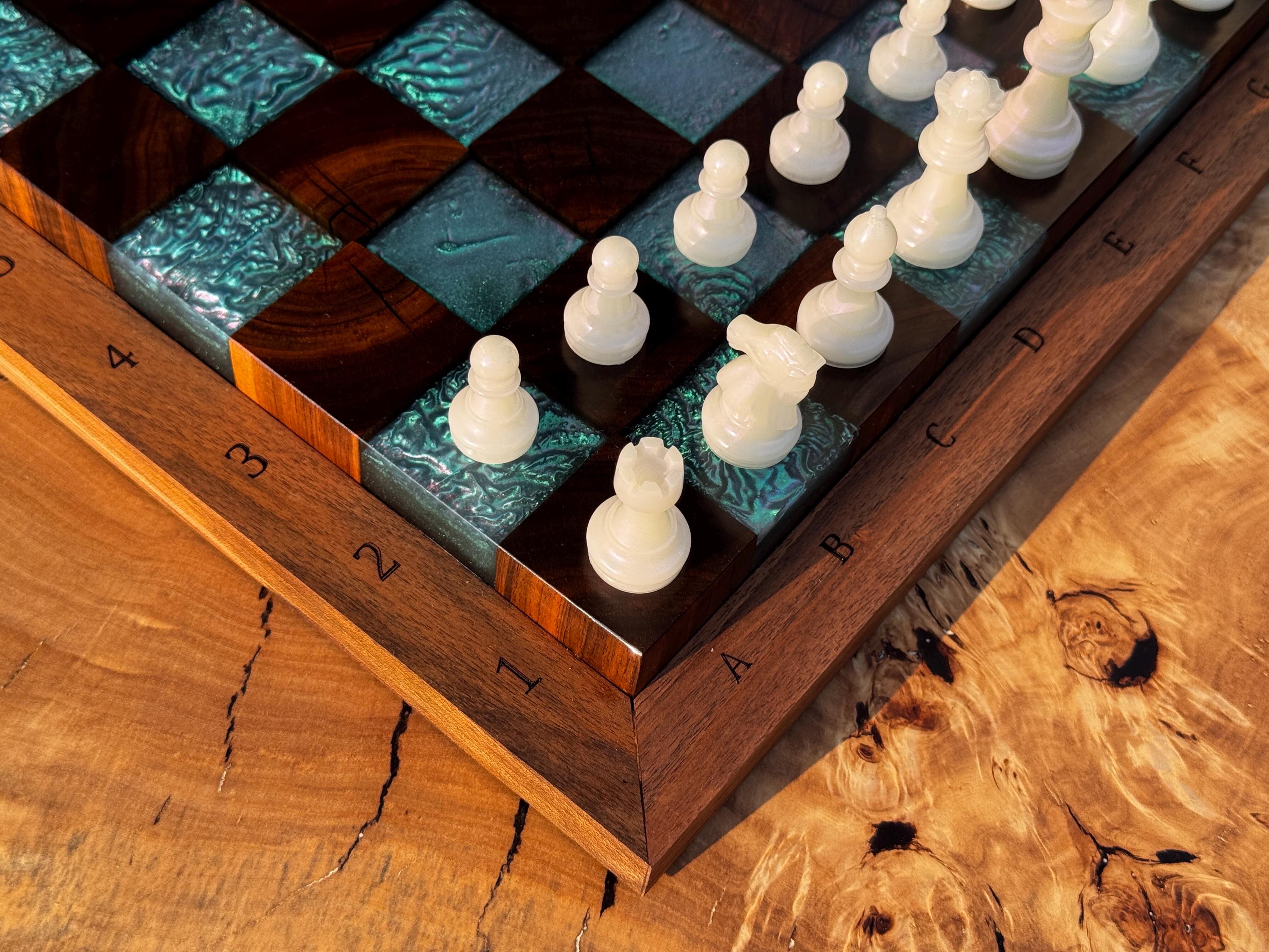 Handmade Walnut & Iridescent Resin Chess Set “Arctic Glow” , Luxury Wooden Chess Board with Pieces