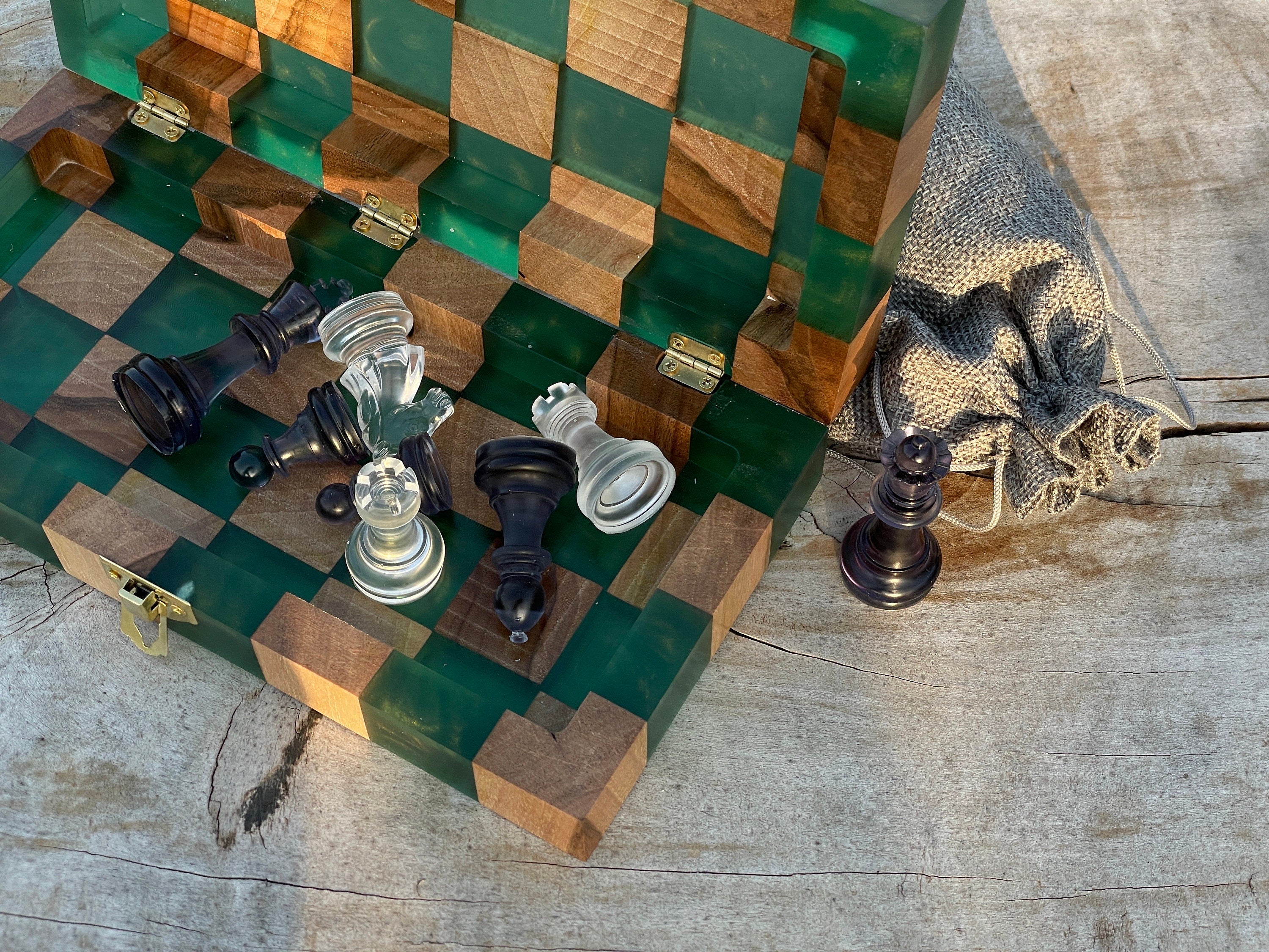 Folding chess board, custom chessboard, handcrafted chessboard, resin and wood chess set, personalized chessboard