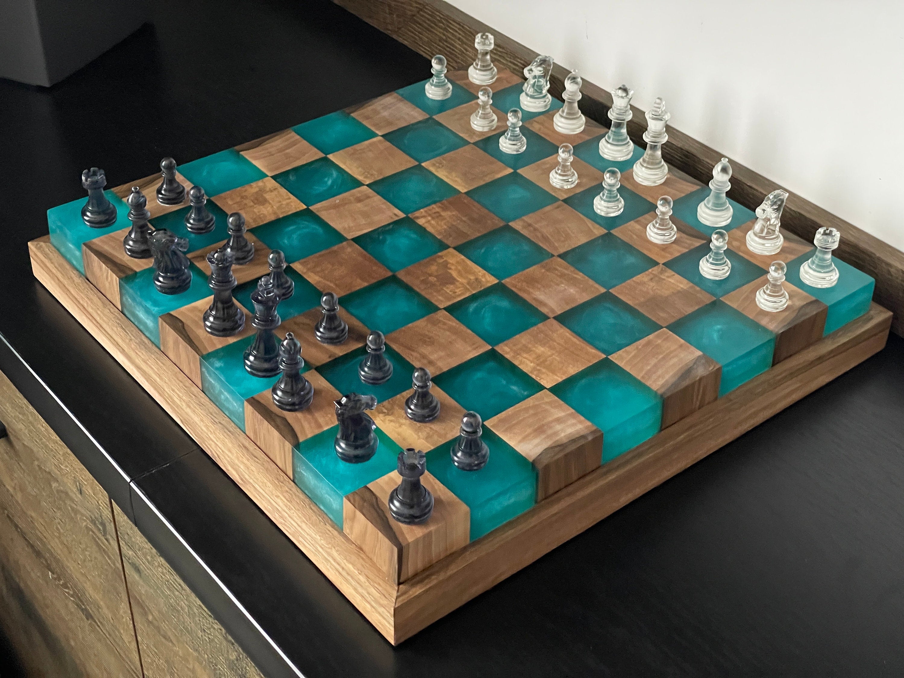 Handmade Large illuminated Chess set, epoxy resin chess,unique chess, custom chess board, resin chess board, chess gifts, chess board modern