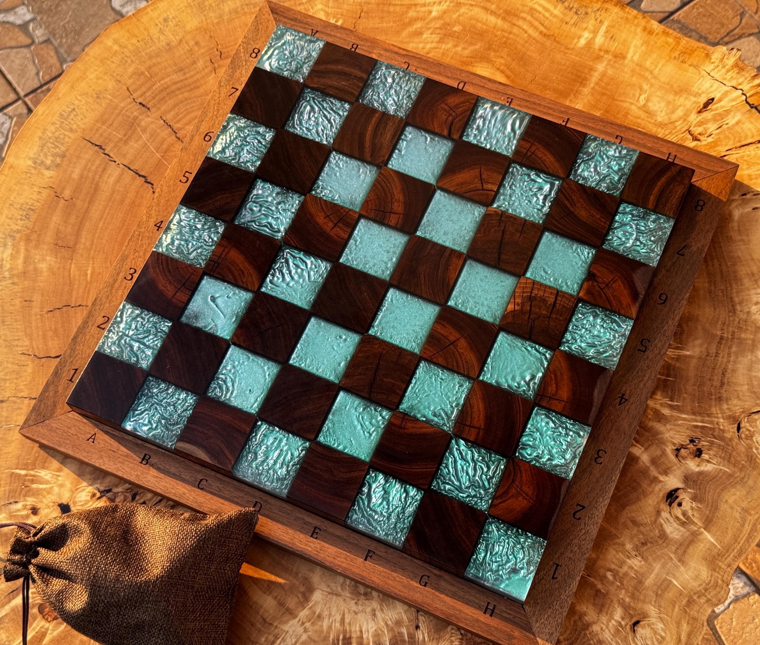 Handmade Walnut & Iridescent Resin Chess Set “Arctic Glow” , Luxury Wooden Chess Board with Pieces